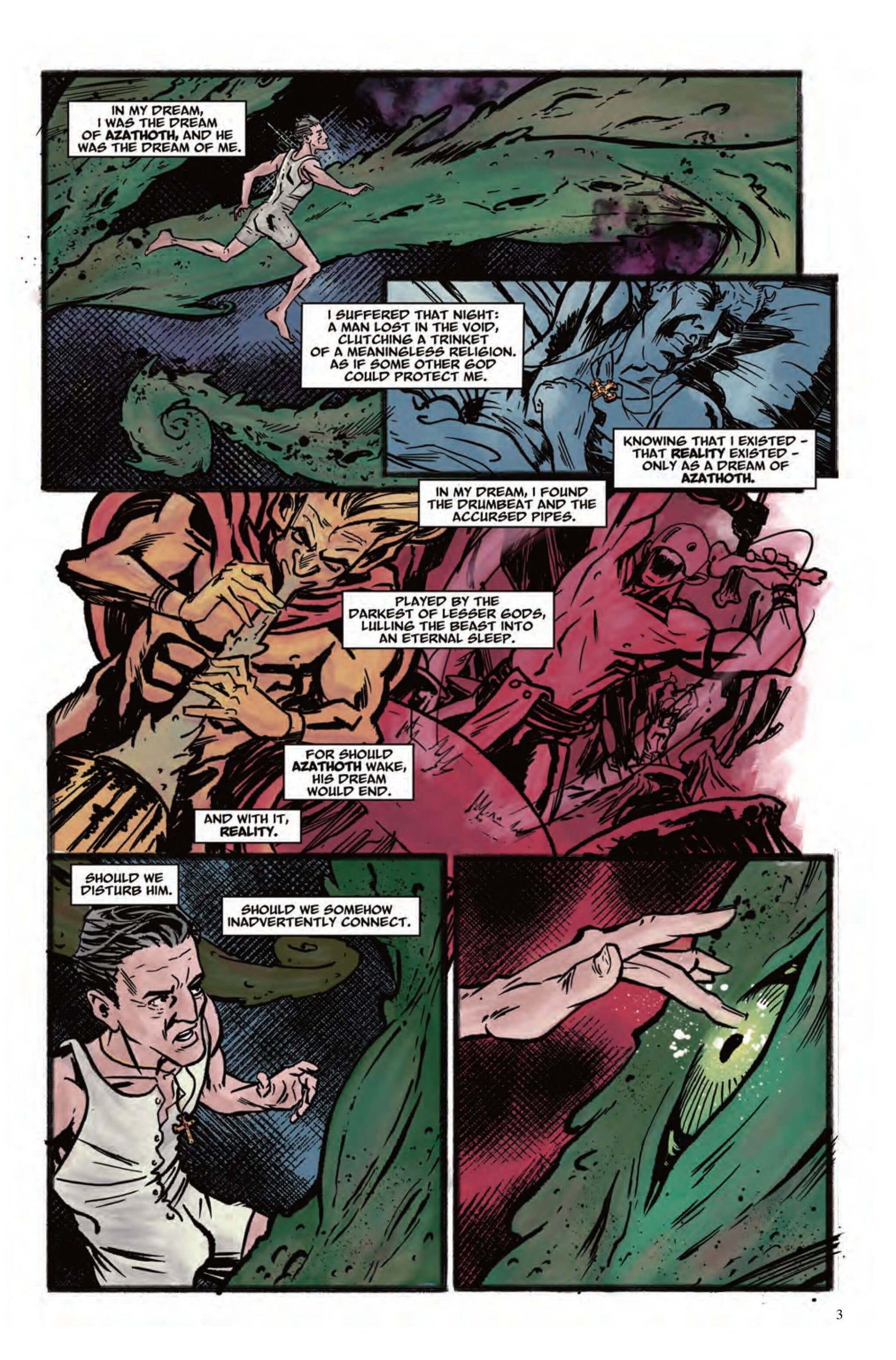 Comic page featuring dynamic art and dialogue from 'Cthulhu is Hard to Spell Volume 4', showcasing Lovecraftian themes.