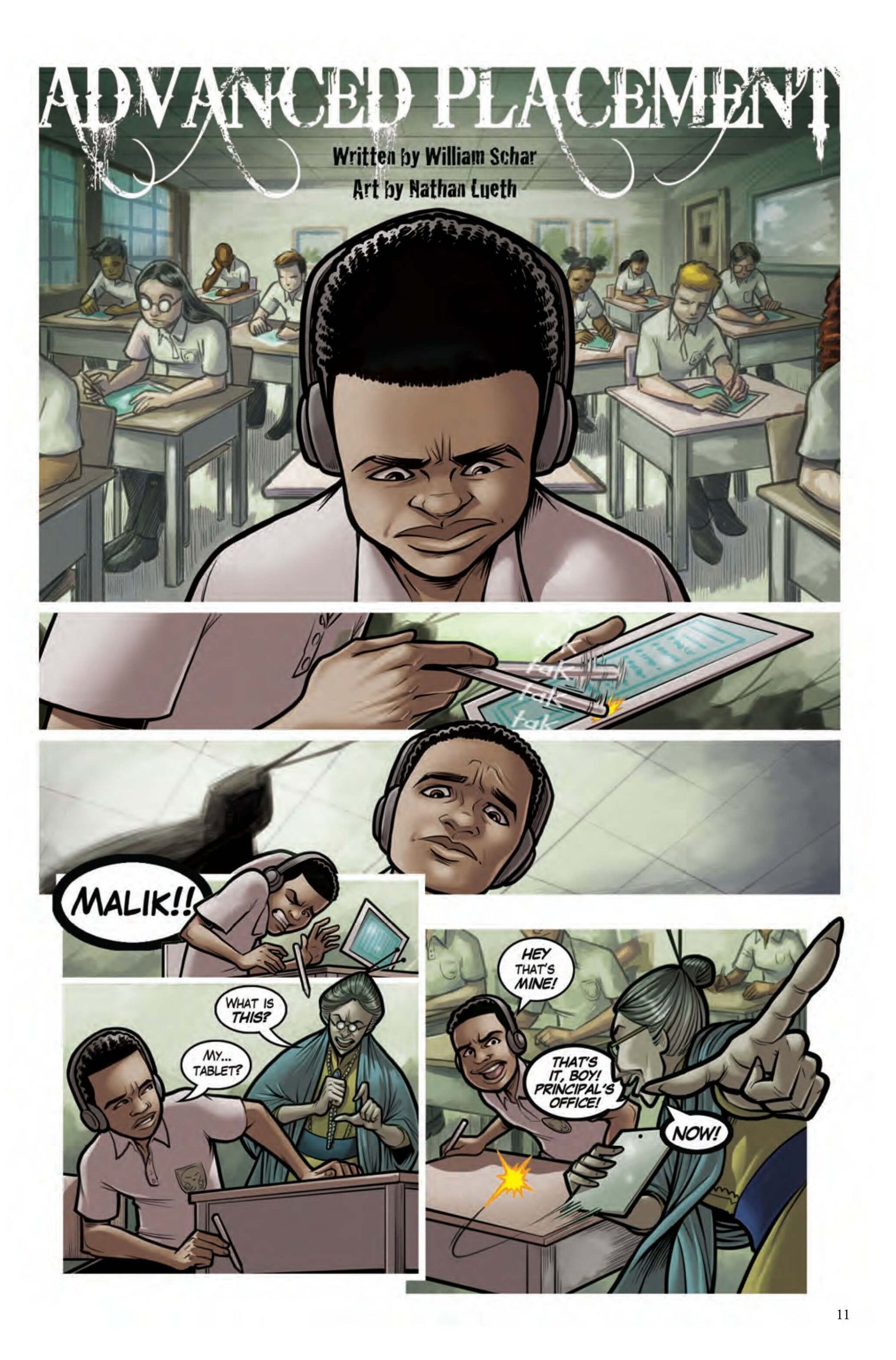 Comic page from 'Advanced Placement' featuring students in a classroom focusing on a tablet.