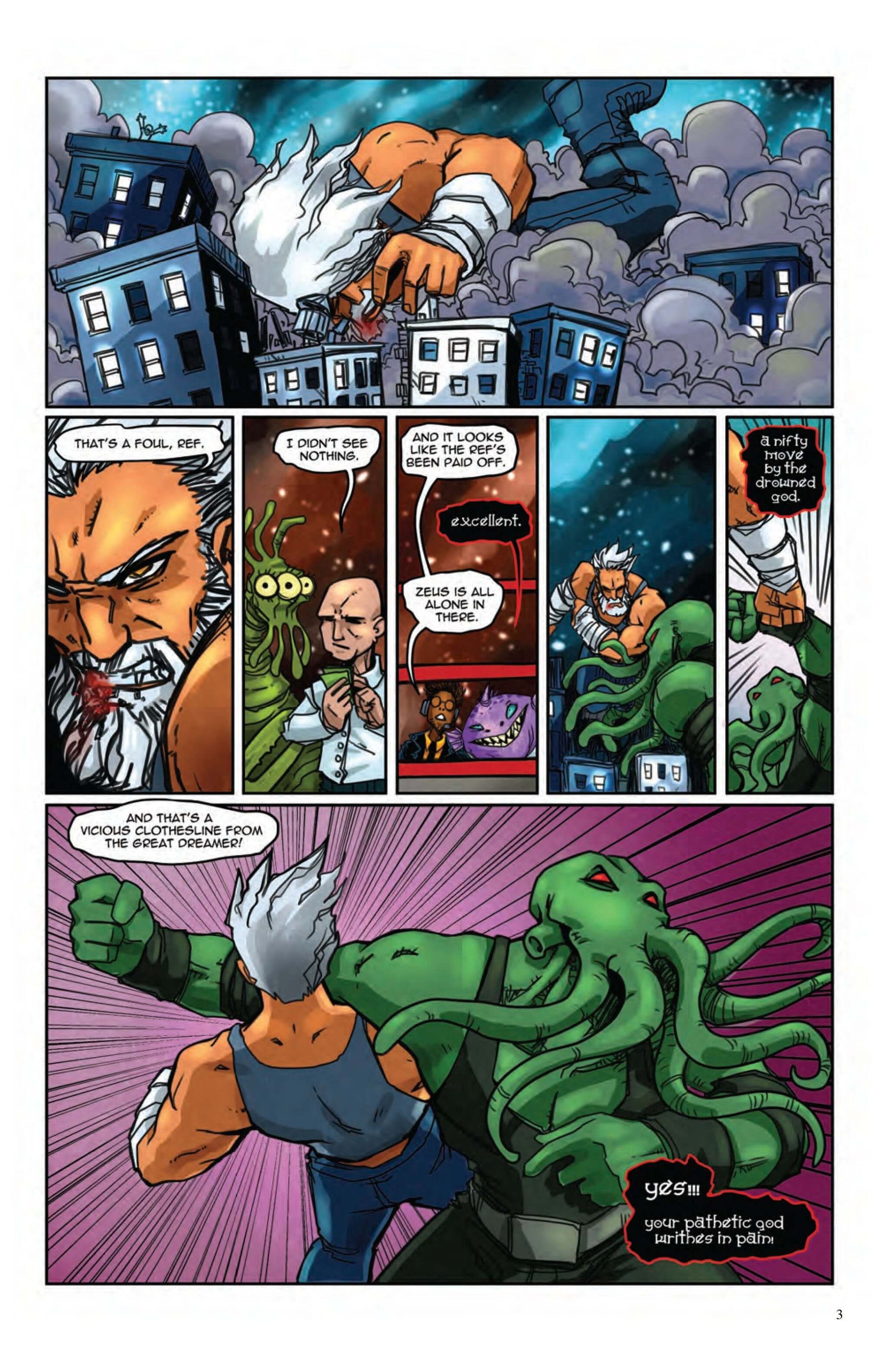 Comic page featuring epic showdown between a hero and Cthulhu, mixing humor and Lovecraftian elements.