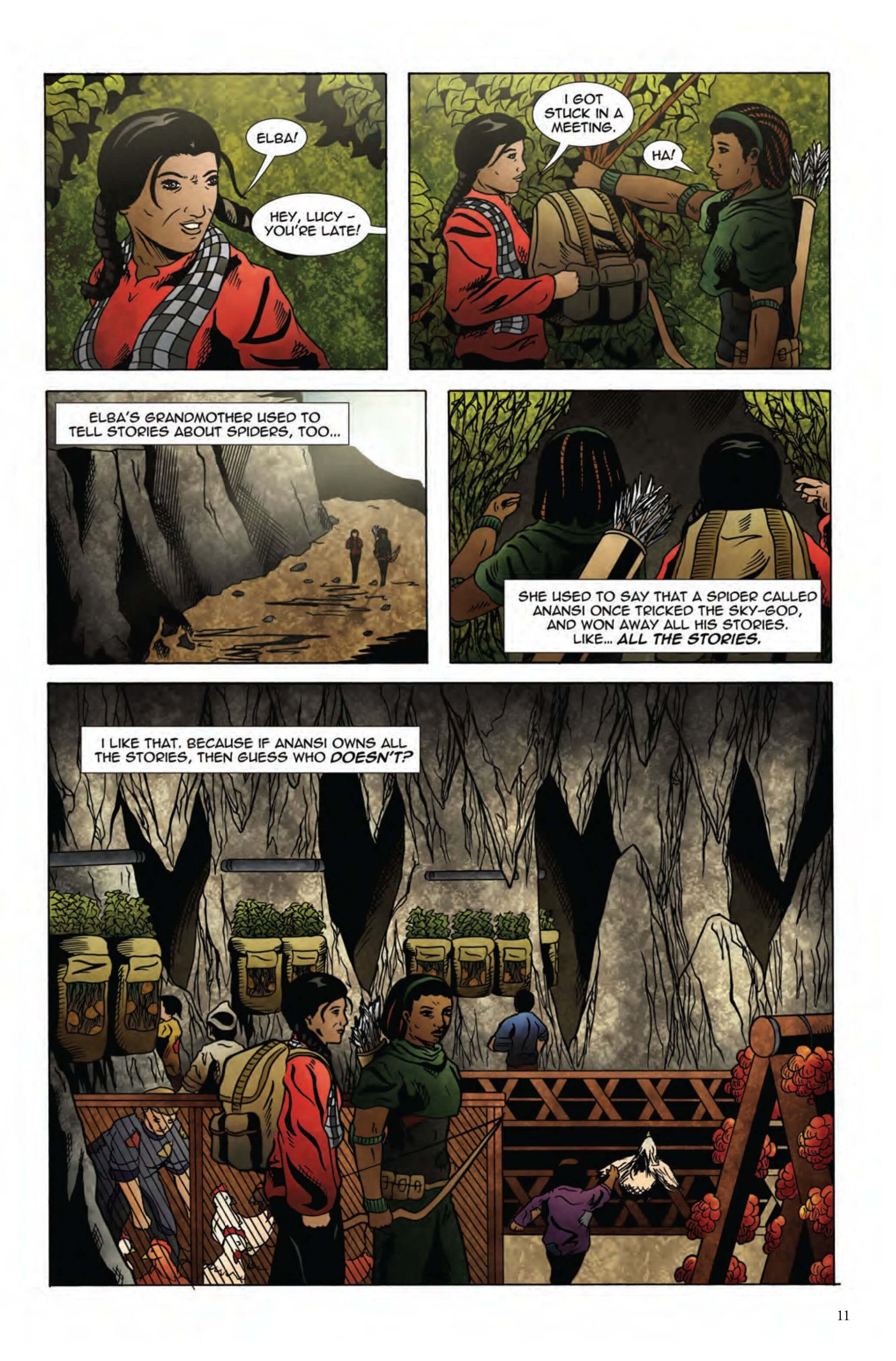 Comic page featuring characters discussing stories in a cave, blending adventure and mythology.