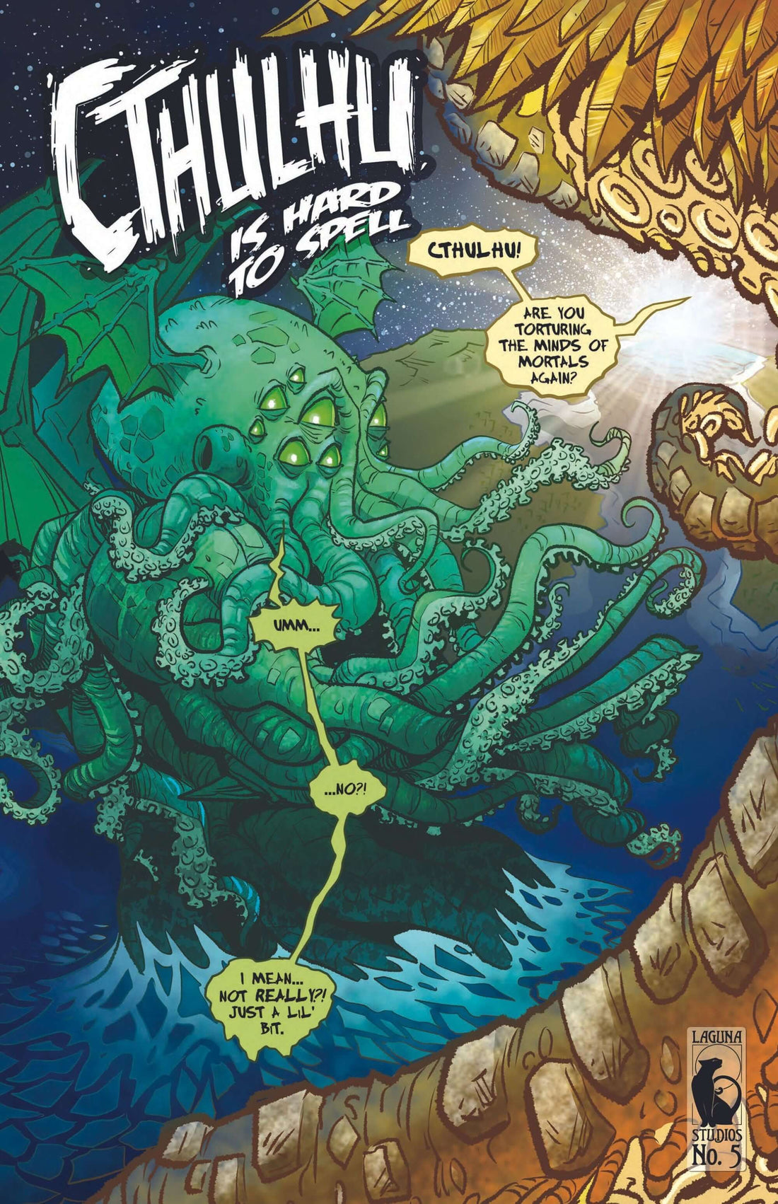 Cthulhu is Hard to Spell Volume 5 cover art with humorous dialogue and Lovecraftian themes.