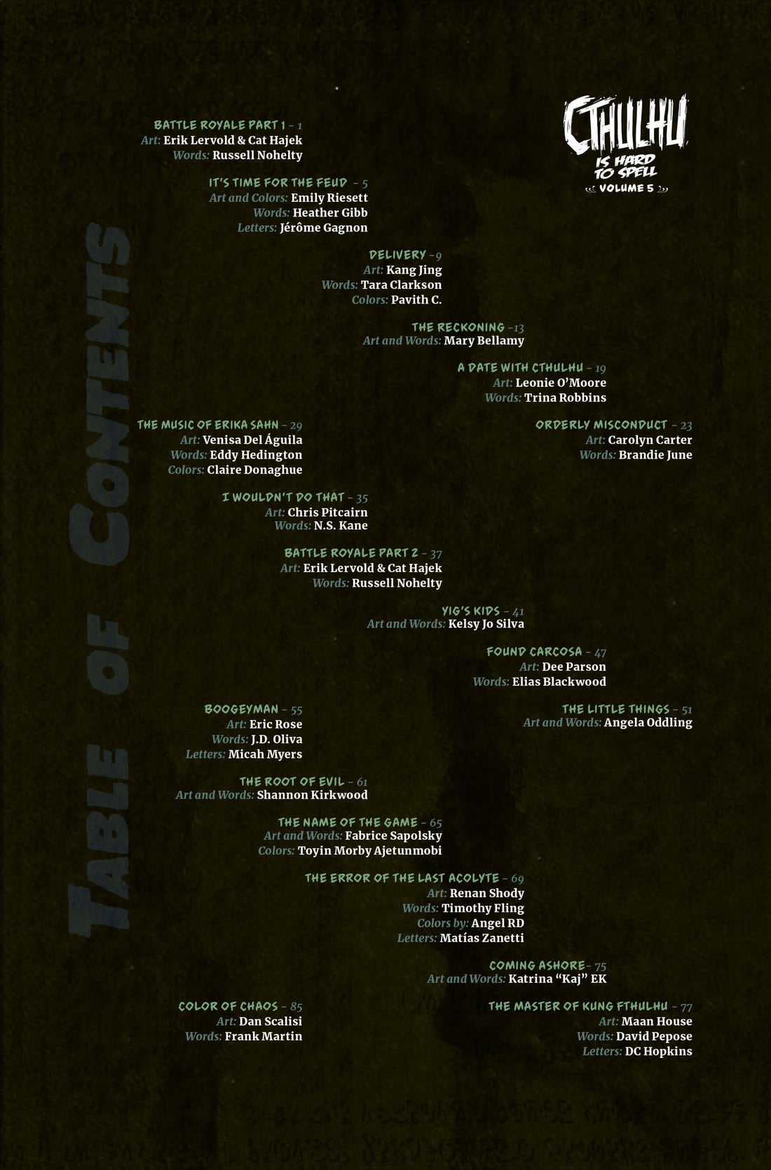 Cthulhu is Hard to Spell Volume 5 cover art with humorous dialogue and Lovecraftian themes.