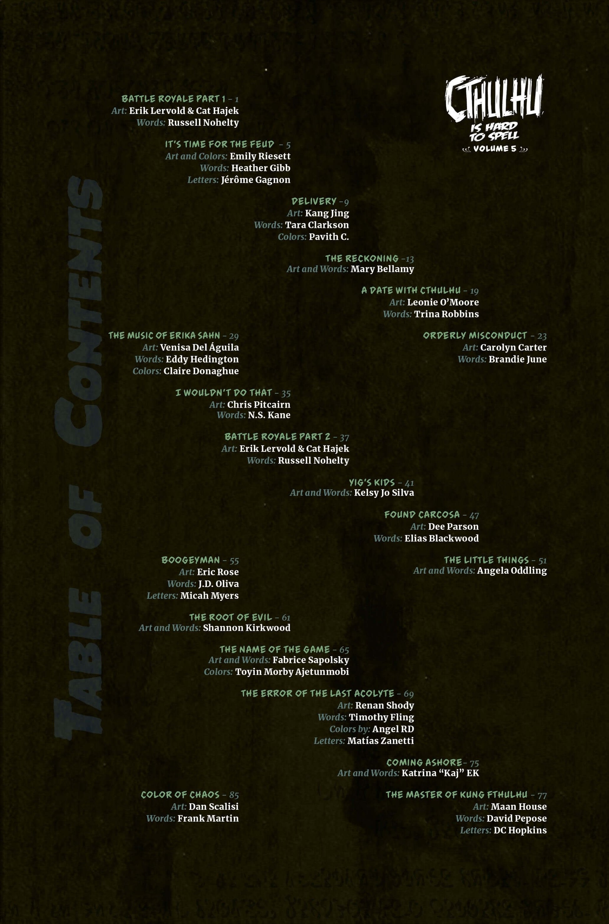 Table of contents from 'Cthulhu is Hard to Spell Volume 5' showcasing various intriguing stories.
