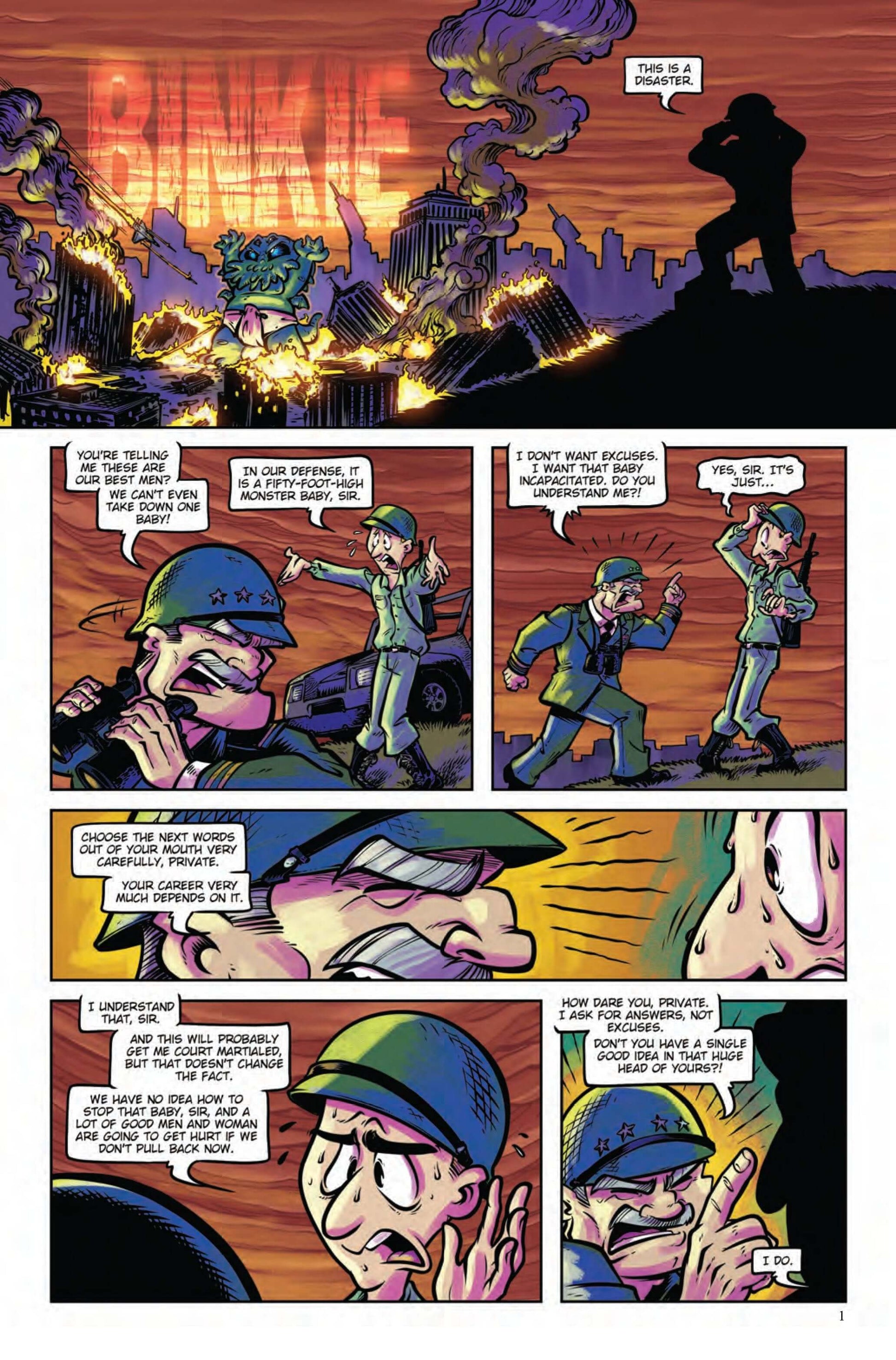 Comic panel featuring humorous dialogue and vibrant illustrations of quirky characters in a chaotic scene.