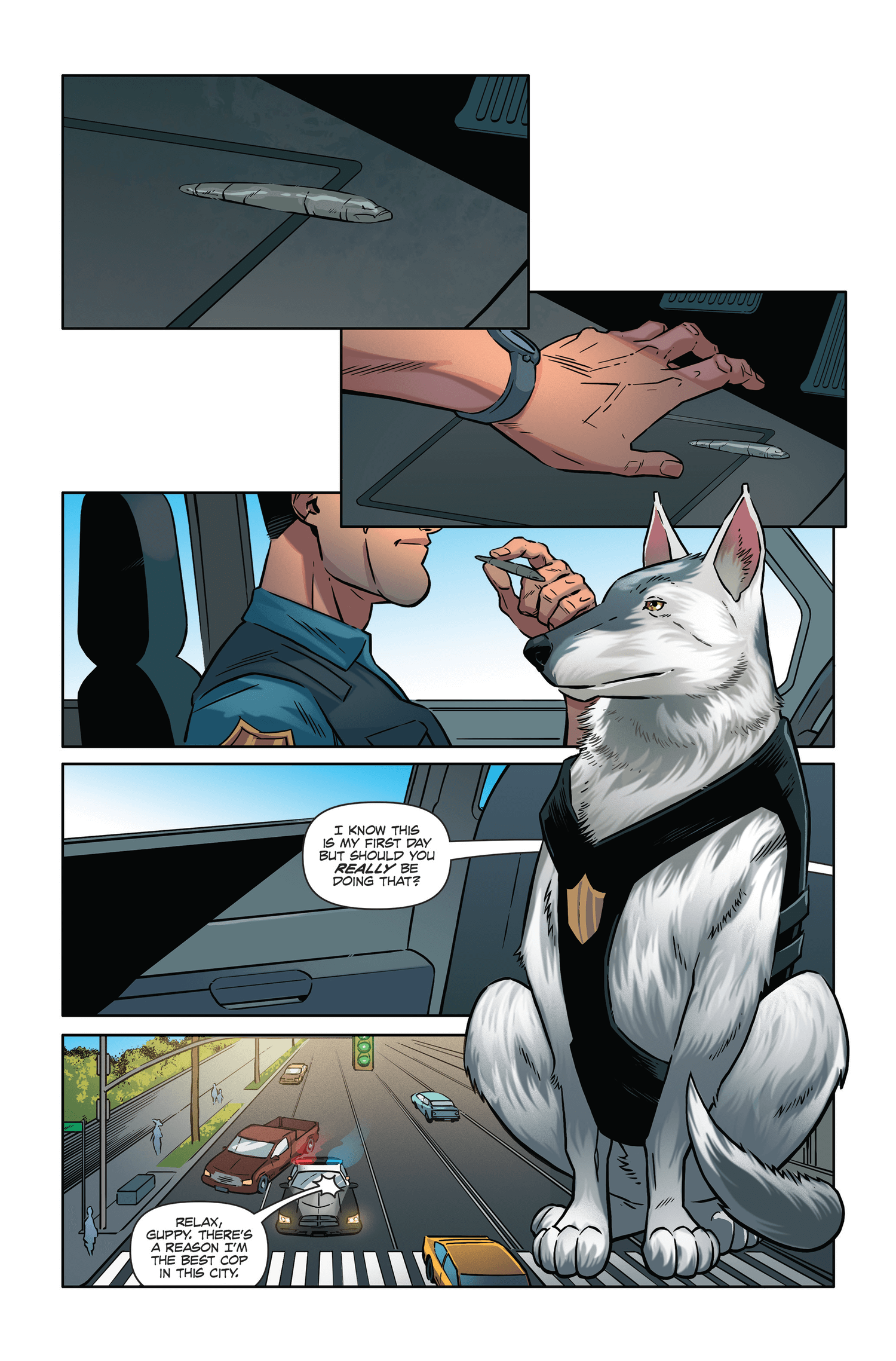 Comic page featuring a cop and his police dog in action, combining humor and 80s vibes for a thrilling adventure.