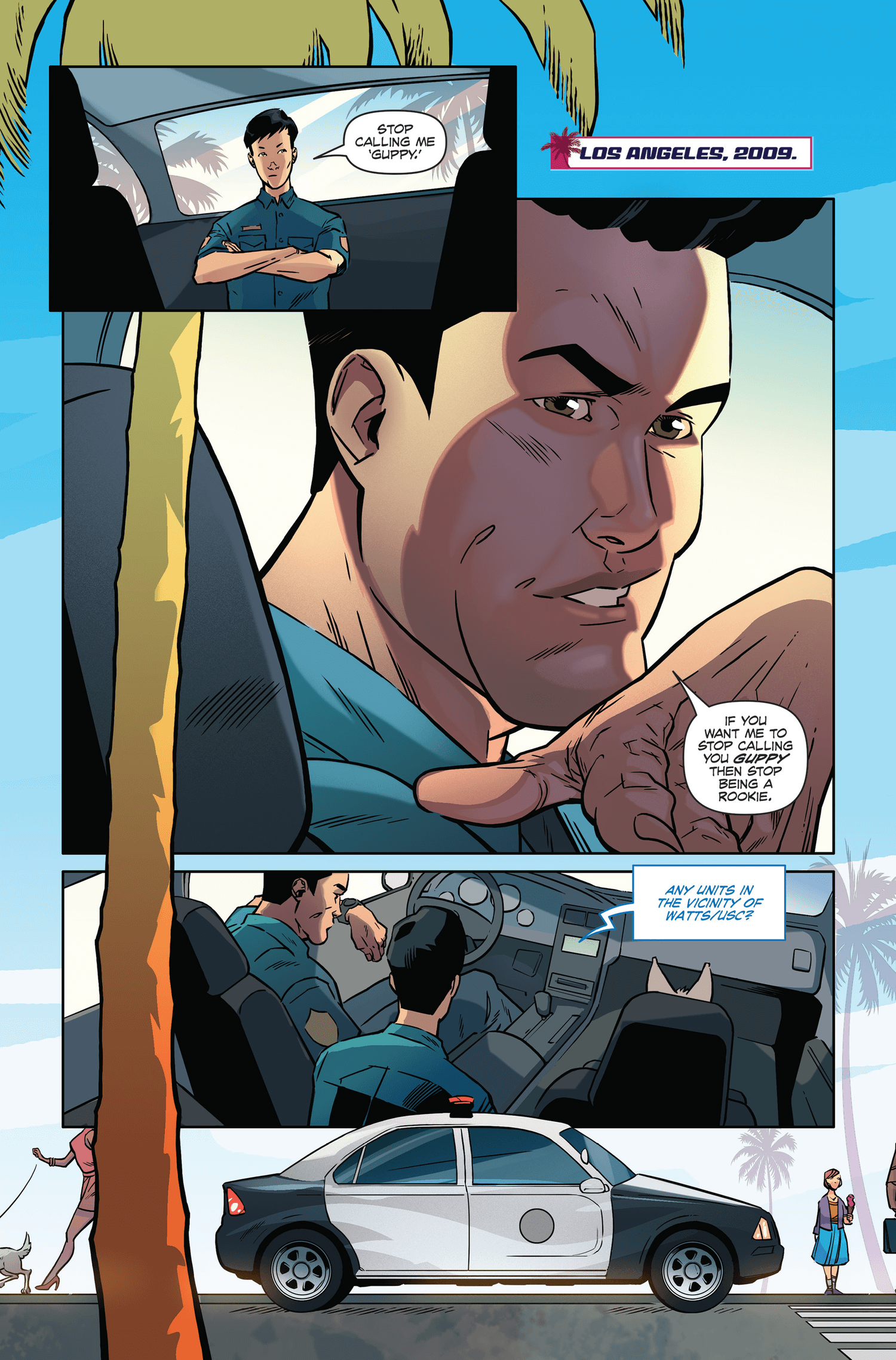 Comic page featuring Lucious Daren, a cop in 2009 LA, showcasing humor and 80s vibes in DARE!