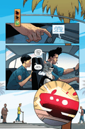 Comic page featuring a cat in a car with two characters, amidst a humorous city scene and traffic lights.