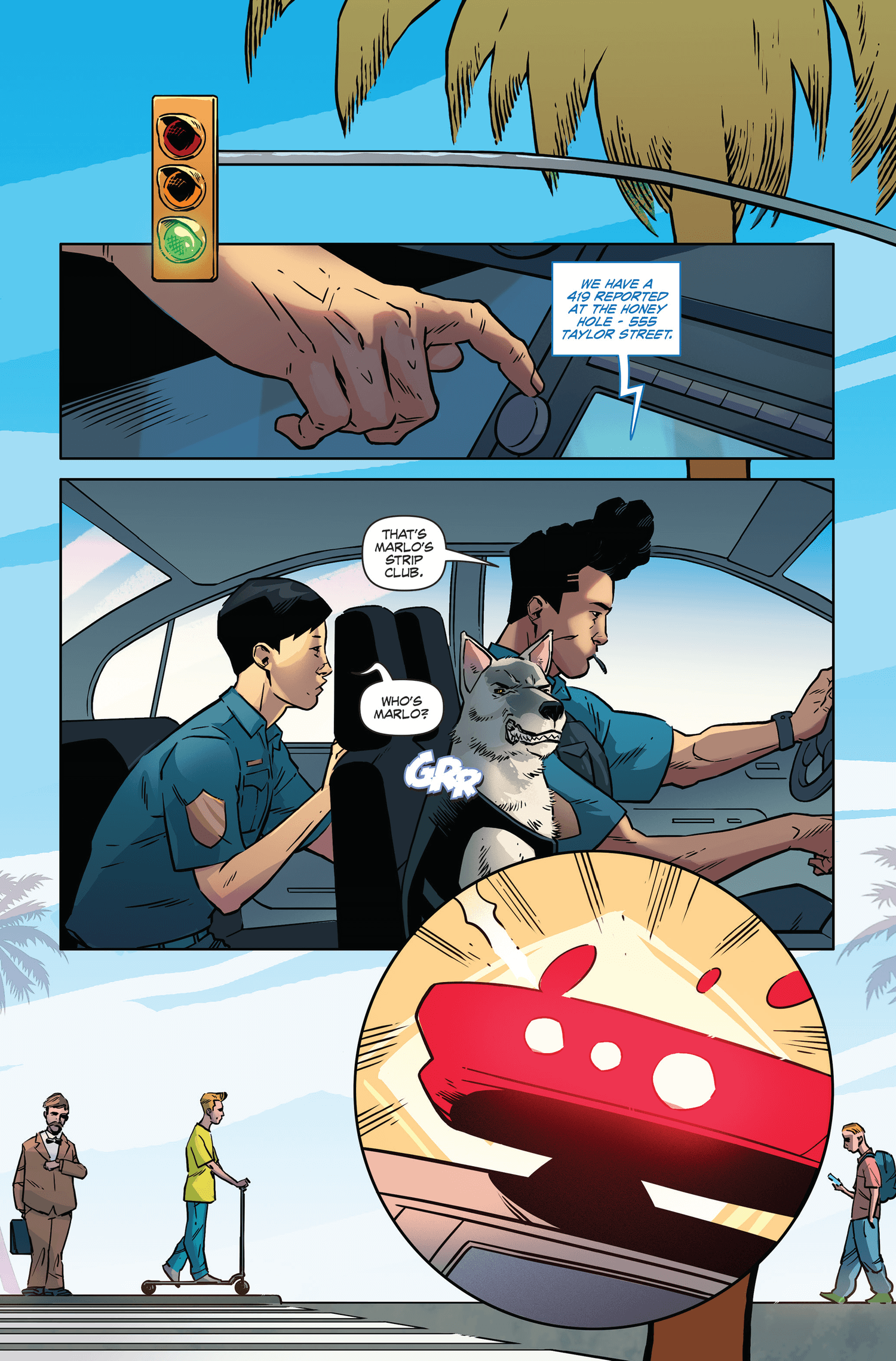 Comic page featuring a cat in a car with two characters, amidst a humorous city scene and traffic lights.