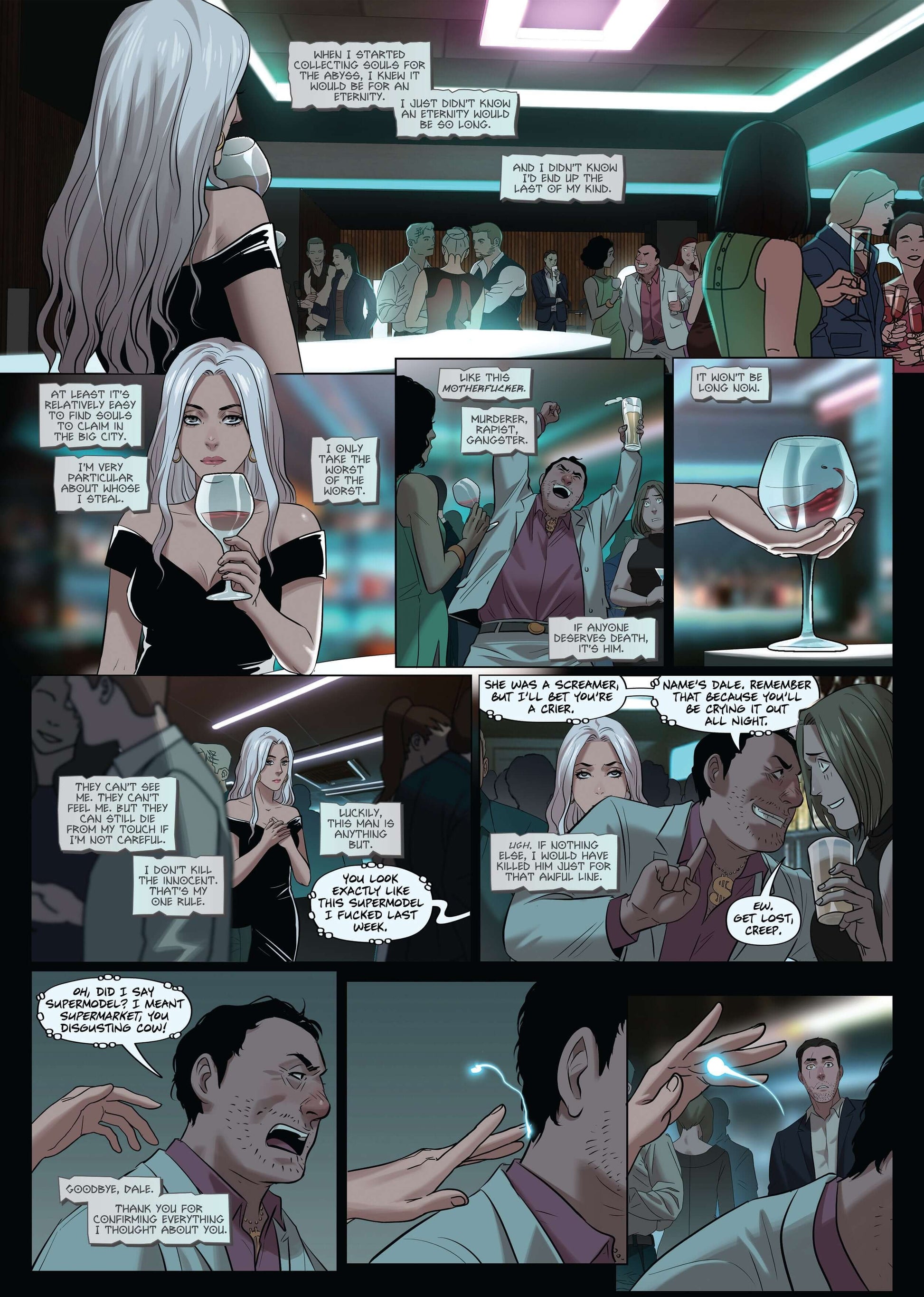 Comic page featuring a bar scene with a mysterious woman and dynamic interactions among patrons.