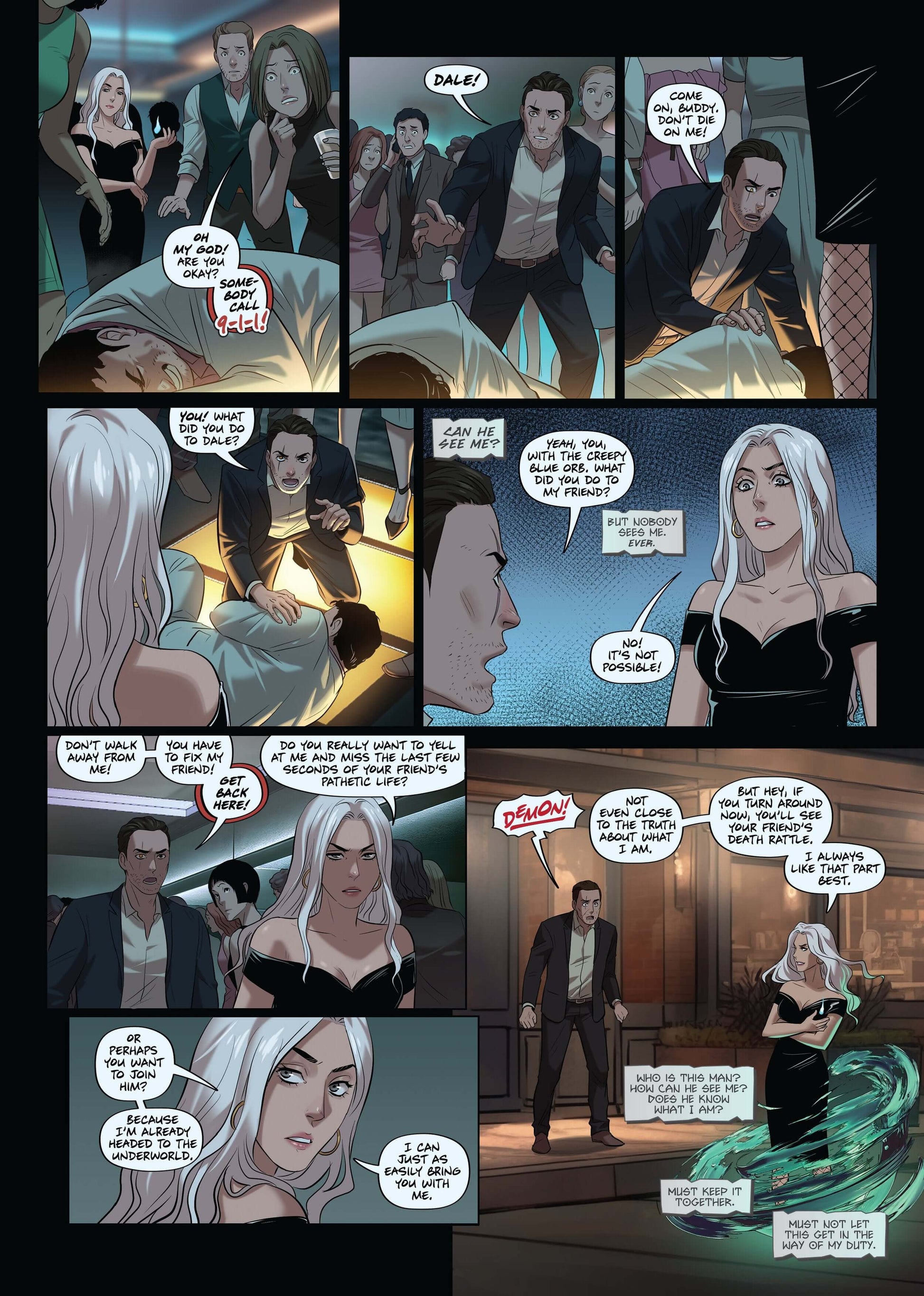 Comic page featuring characters in dramatic dialogue, showcasing themes of connection and shadowy intrigue.