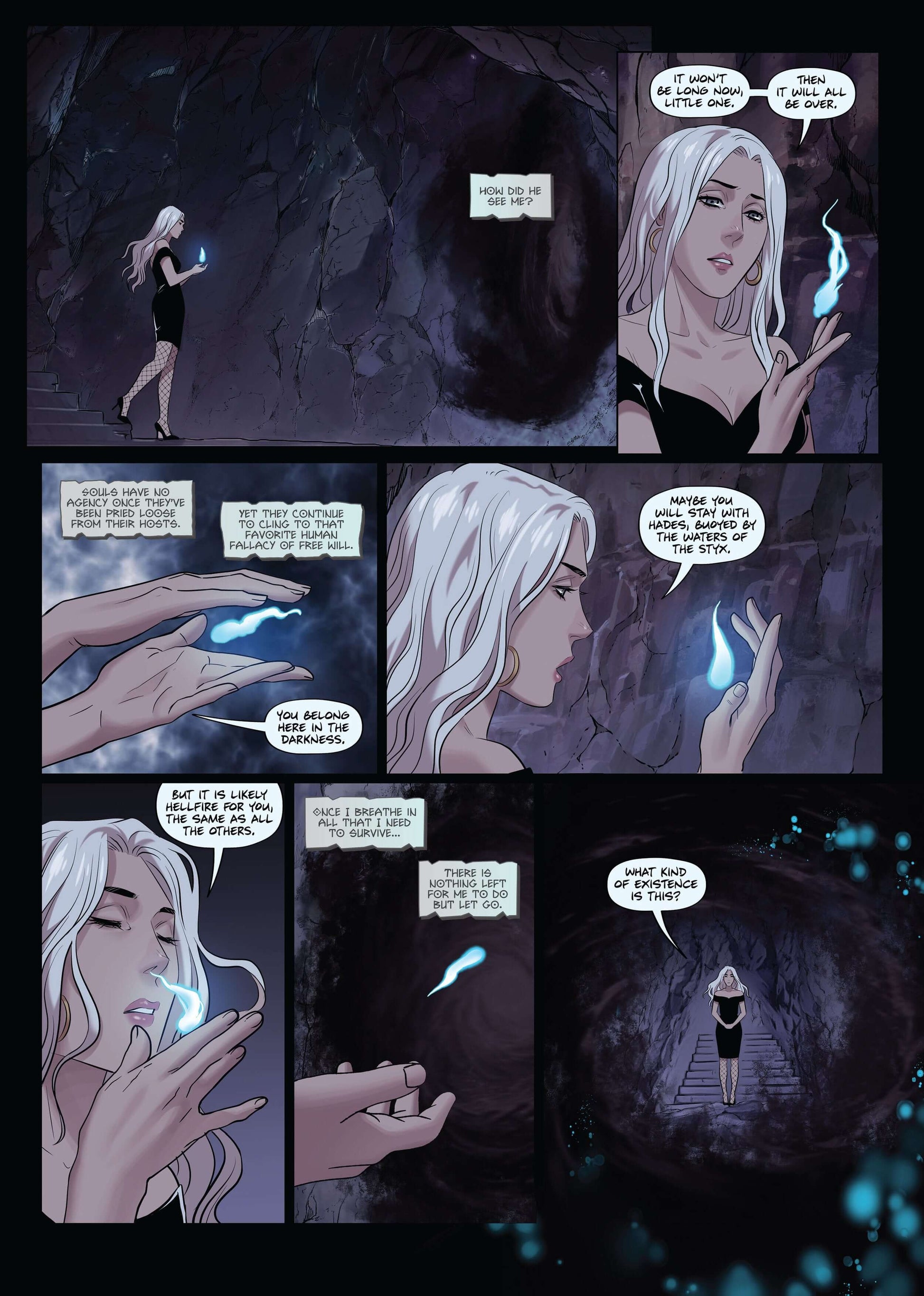 A mystical scene of a pale-haired girl in a dark cave, holding a glowing blue spirit with a deep emotional expression.