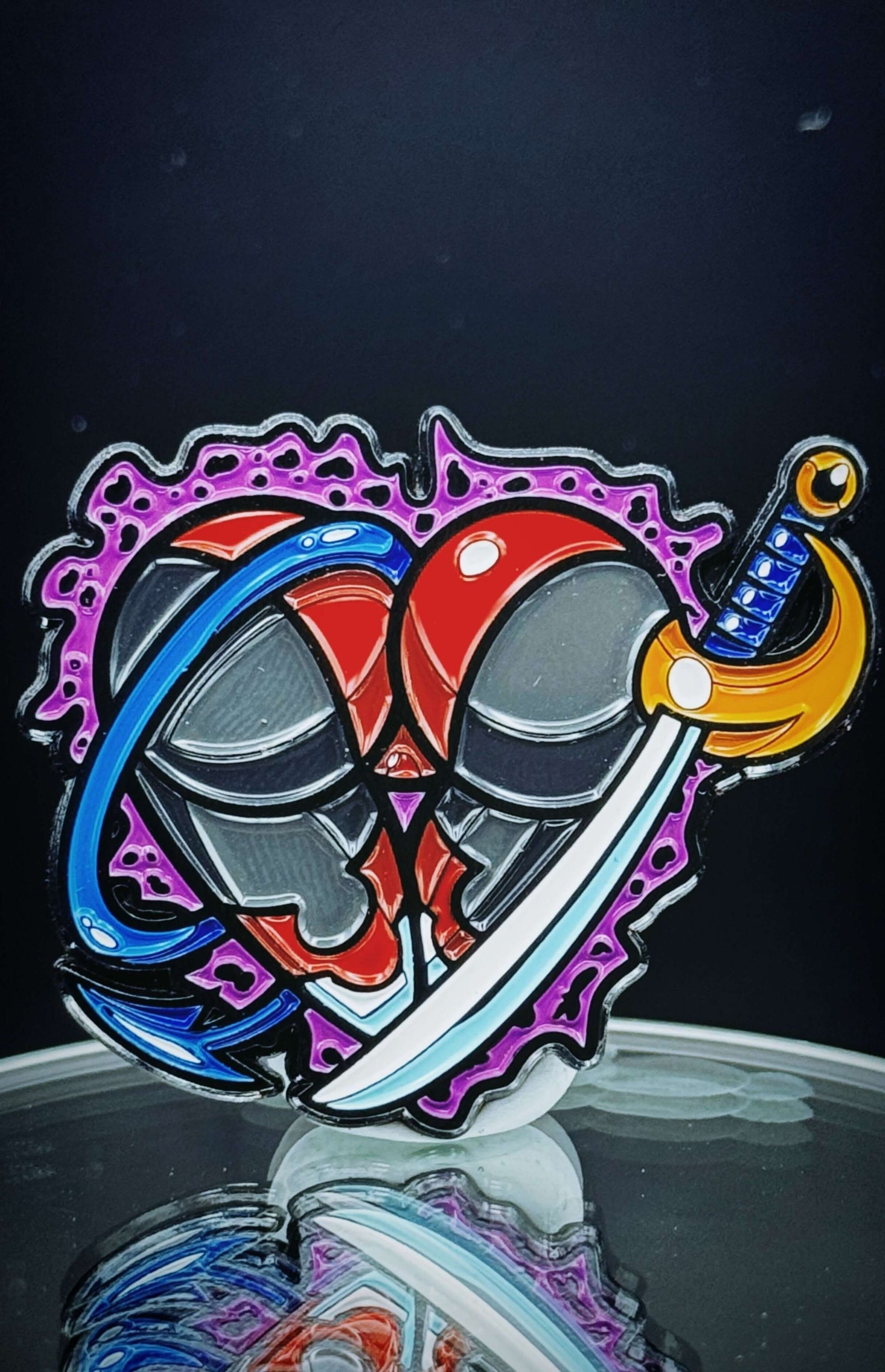 Blue Bamf Ass-Tonishing Pin with heart design and sword, perfect for comic fans and collectors.