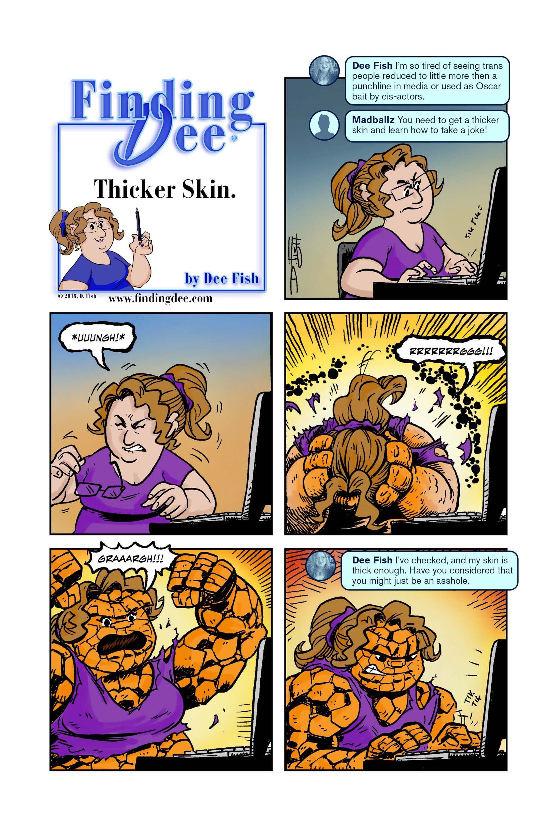 Finding Dee Volume 2 comic strip showing humor in challenges faced by a transgender cartoonist.