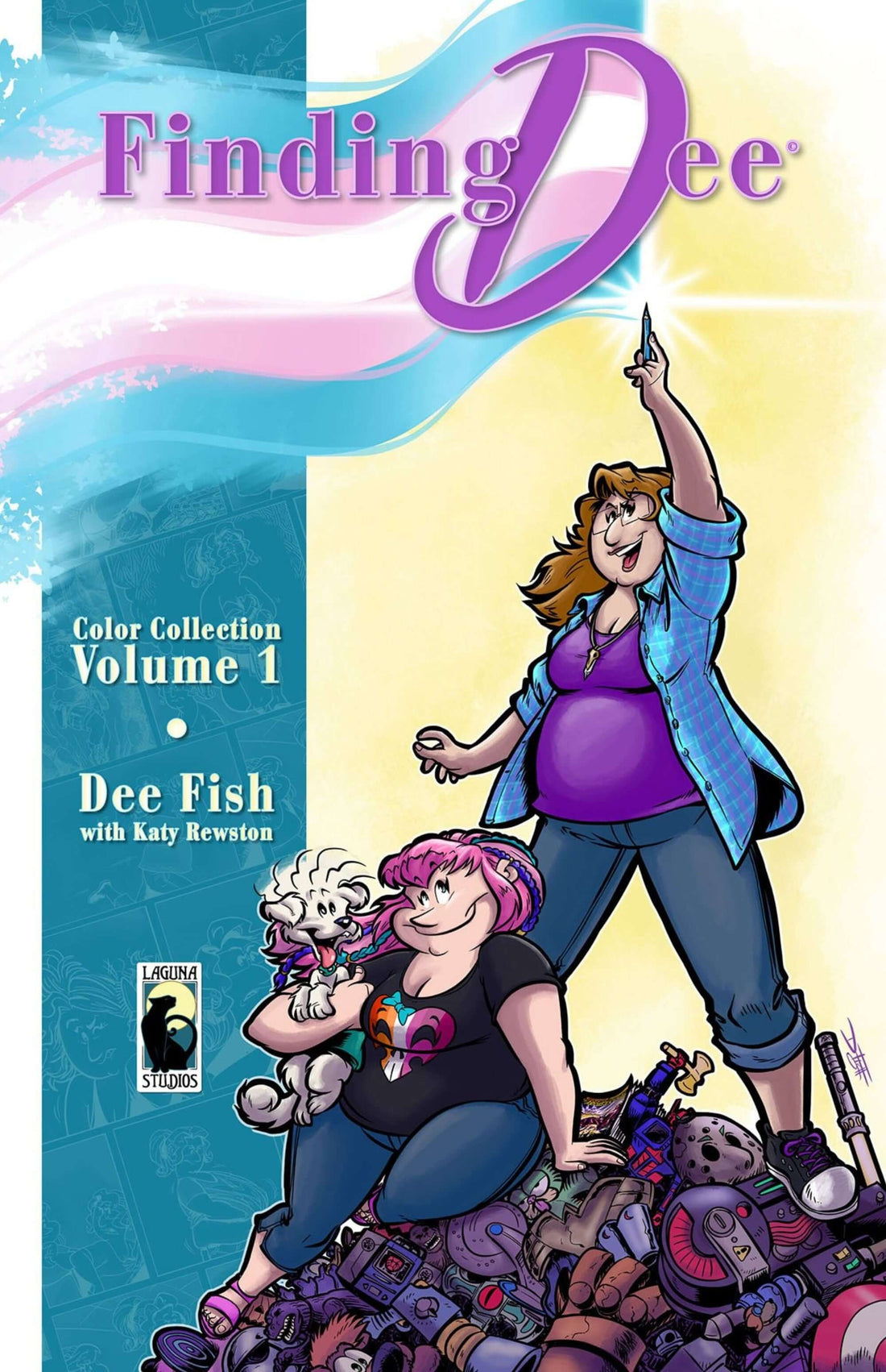 Finding Dee Volume 1 comic cover featuring colorful characters and a playful design celebrating transgender experiences.