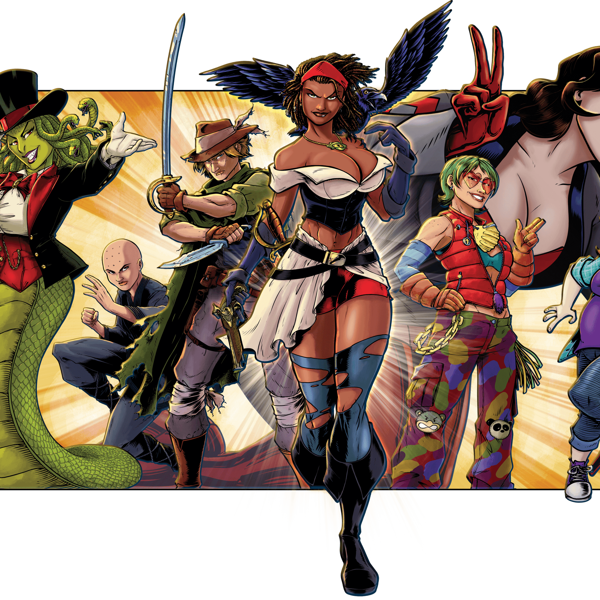 A vibrant group of colorful comic book characters showcasing various unique styles and personalities.