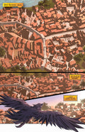 Aerial view of Port Harmony at dawn with a raven soaring above, setting the stage for adventure.