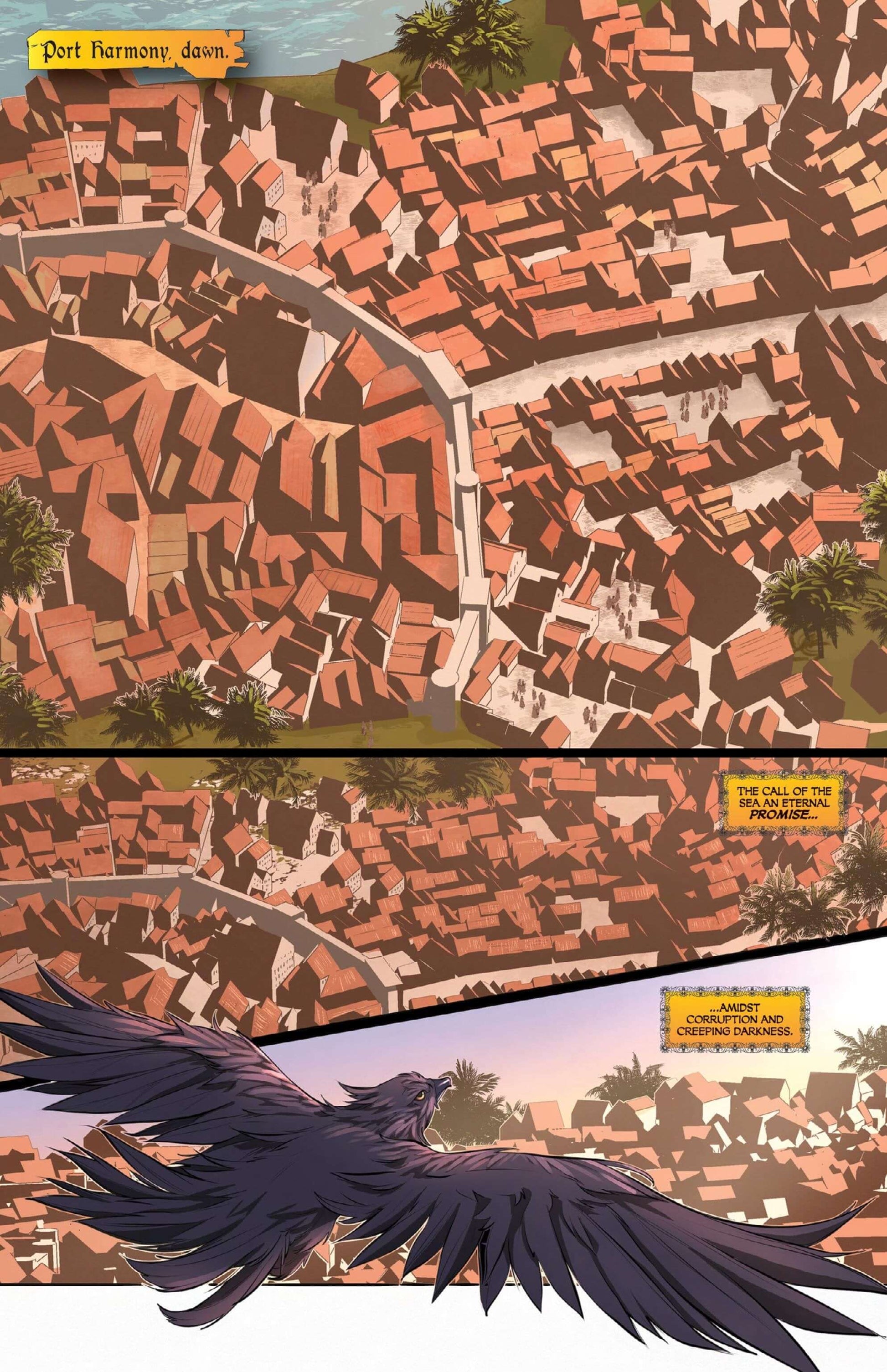 Aerial view of Port Harmony at dawn with a raven soaring above, setting the stage for adventure.