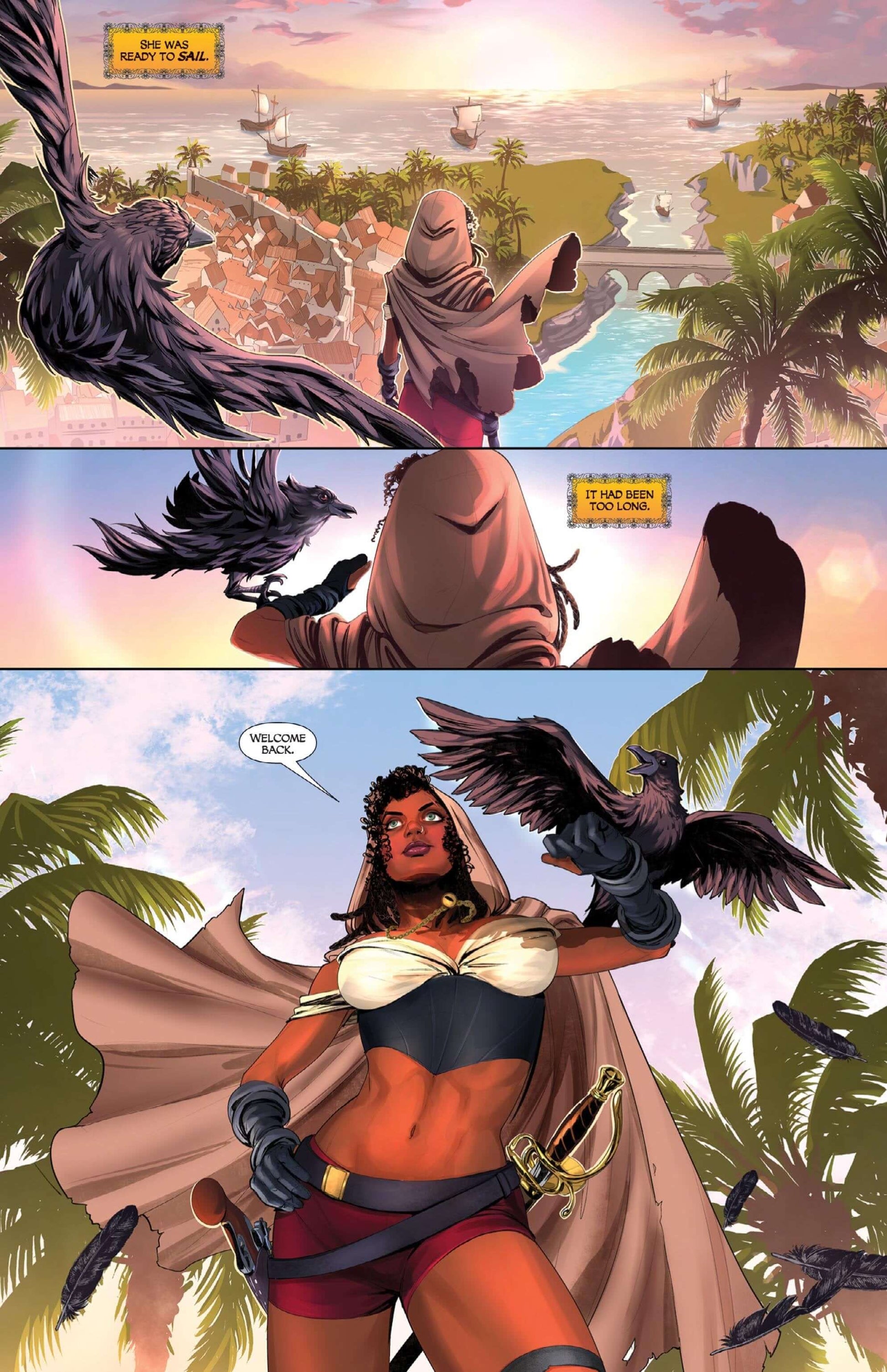 Hearteater Issue 1 comic page with pirate Kimona and her raven companion, set against a tropical island backdrop.