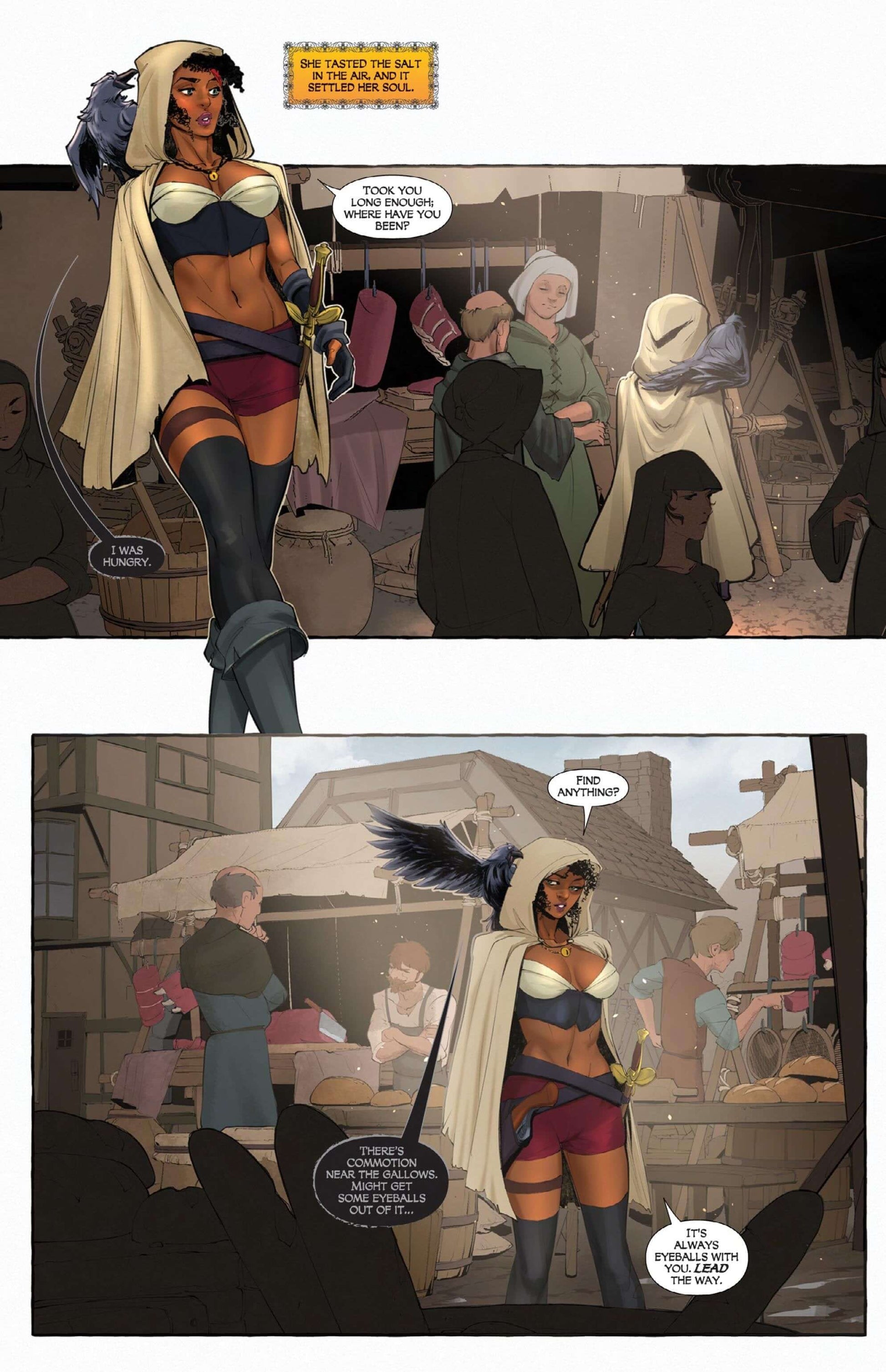 Hearteater Issue 1 comic page featuring a daring pirate with emerald eyes amidst a bustling market scene.