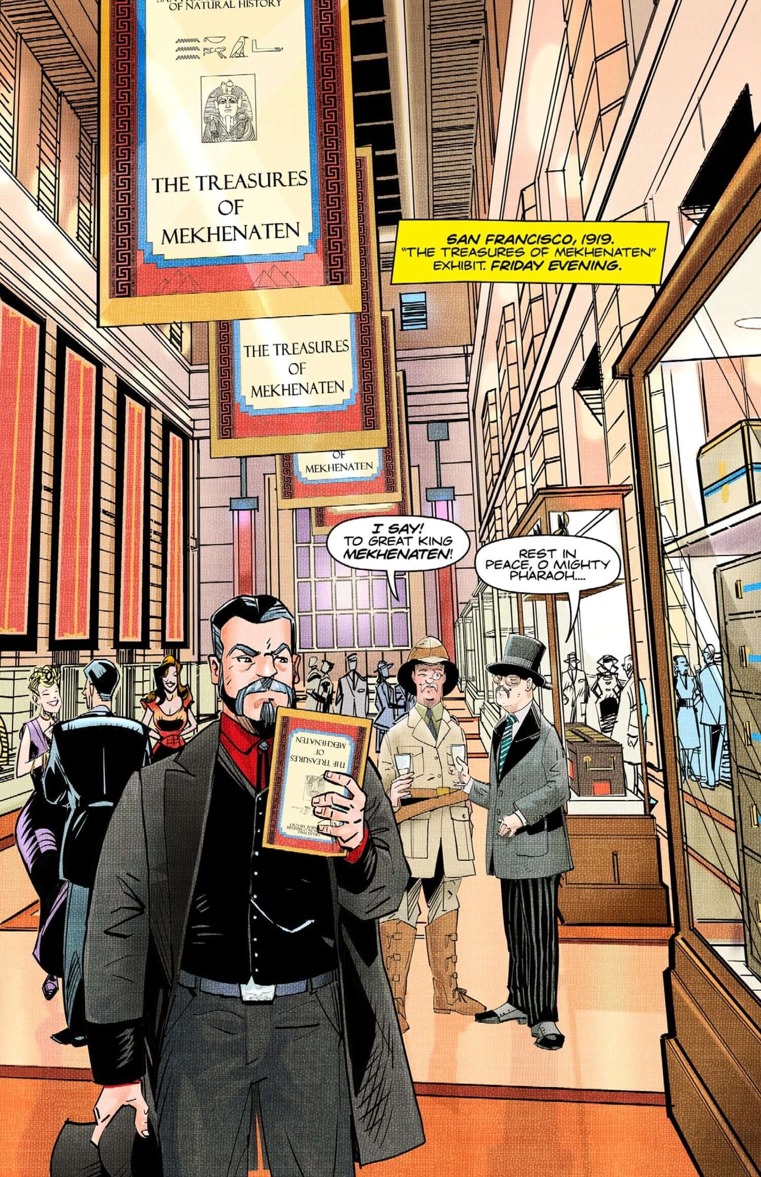 A bustling San Francisco museum scene showcasing treasures of Pharaoh Mekhenaten, with visitors exploring exhibits.