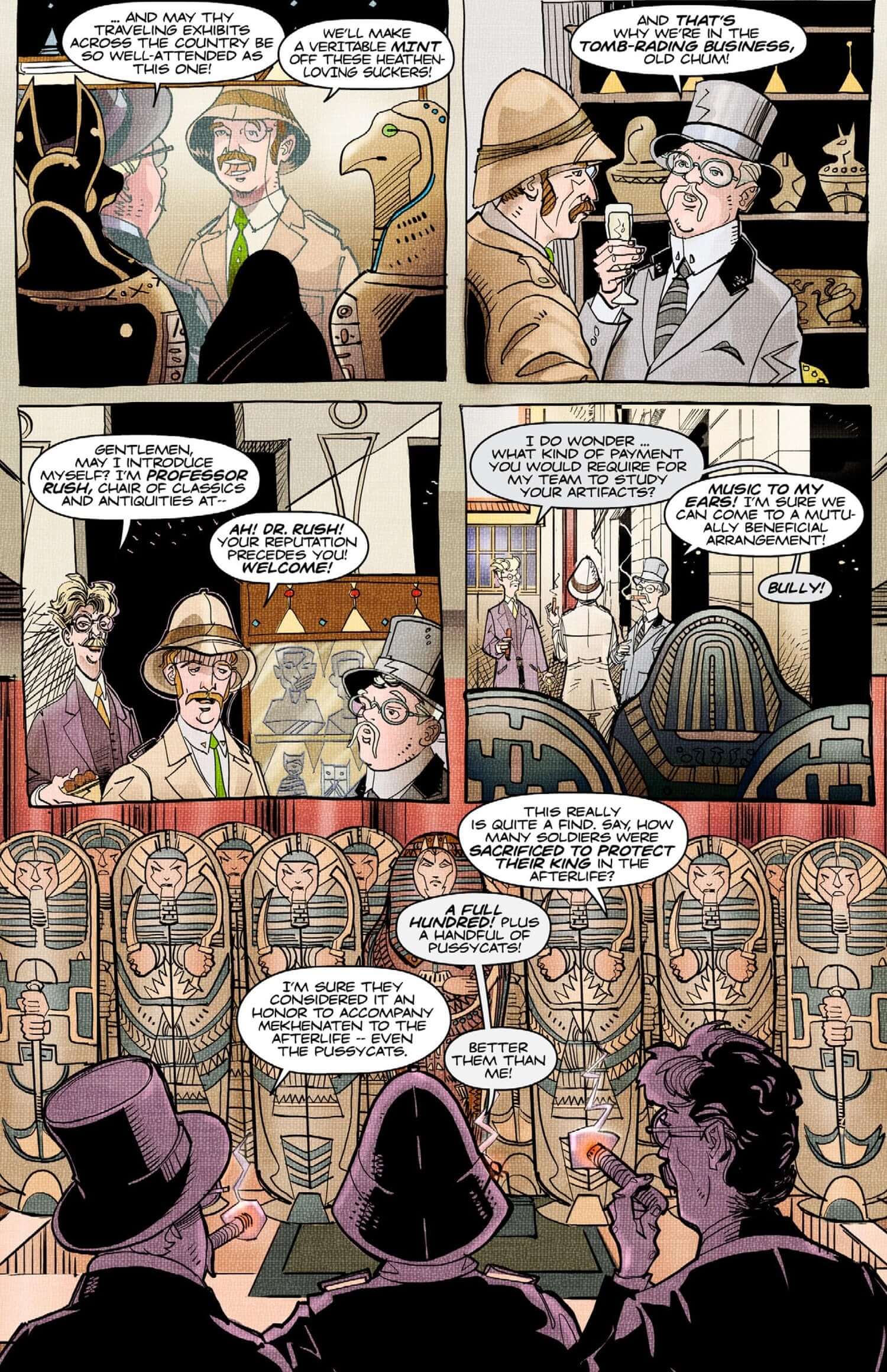 Comic panel featuring characters in a museum discussing ancient Egyptian artifacts and mummies.