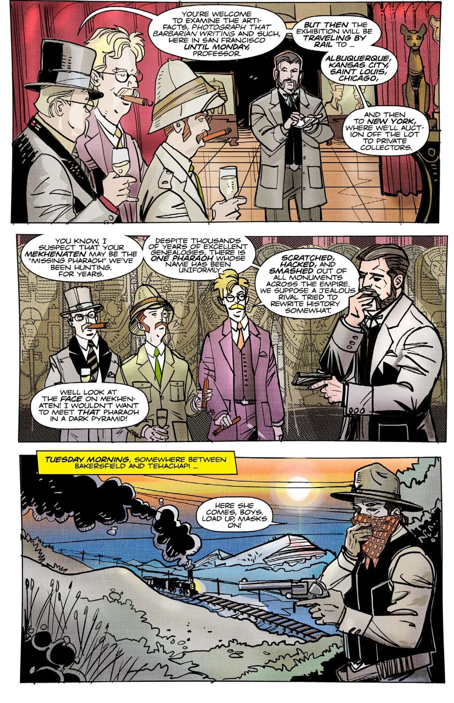 Comic page featuring the Dell Boys Gang amid train robbery chaos and an ancient Pharaoh's curse.