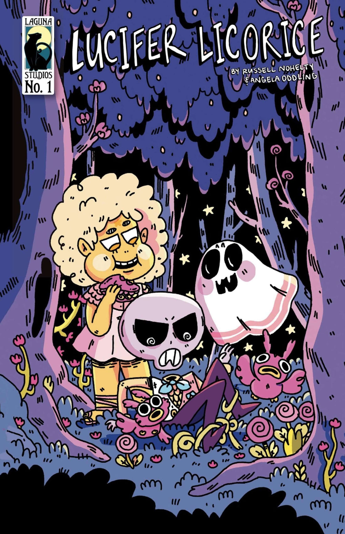 Cover of Lucifer Licorice comic showing colorful characters in a whimsical forest full of candy elements.