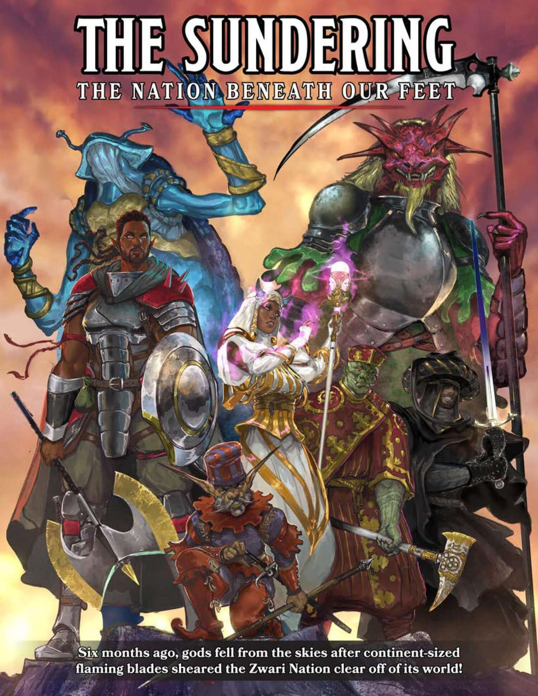 The Sundering TTRPG cover featuring diverse heroes and gods in a vibrant fantasy setting.