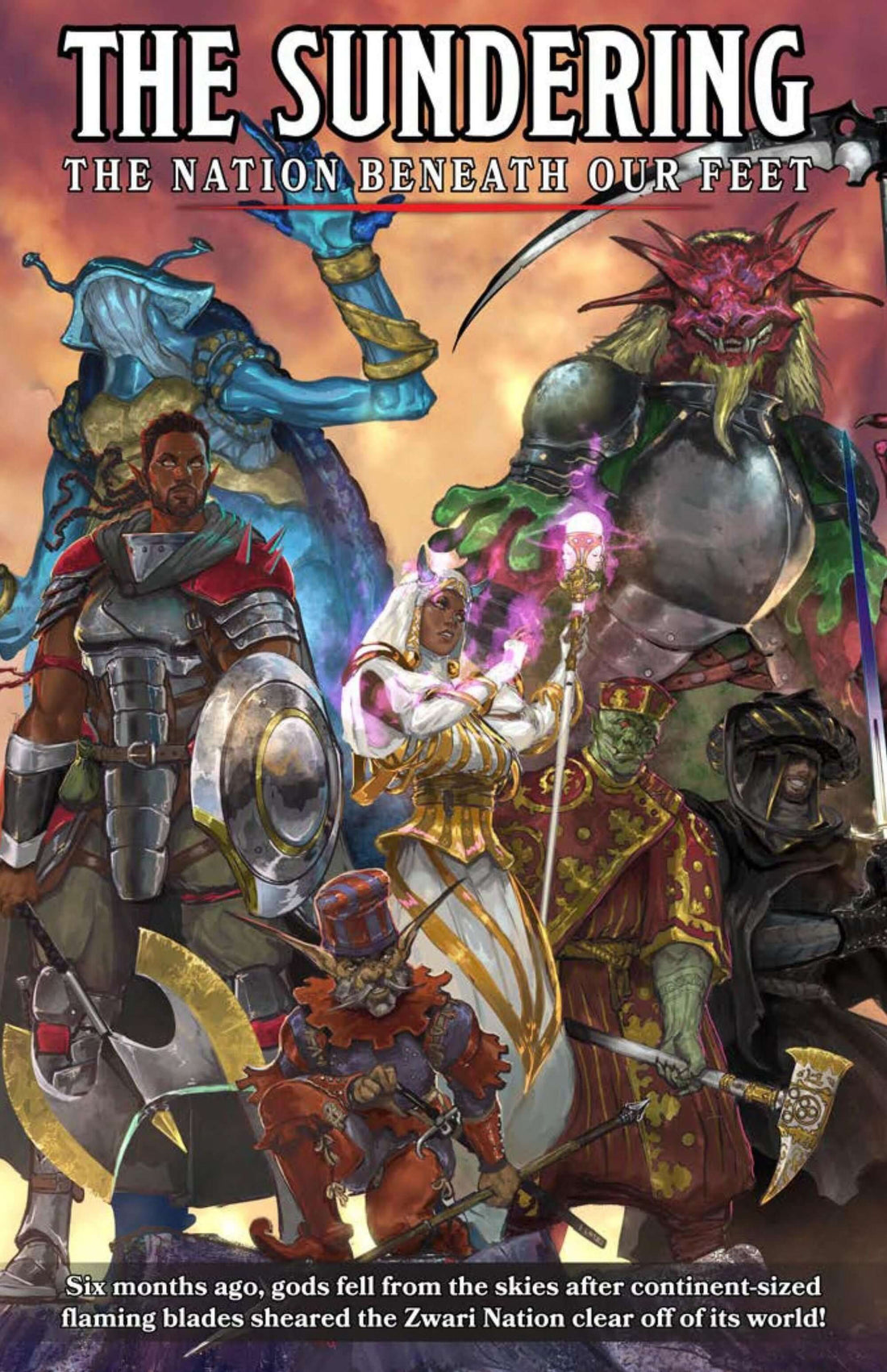 The Sundering TTRPG cover featuring diverse heroes and gods in a vibrant fantasy setting.