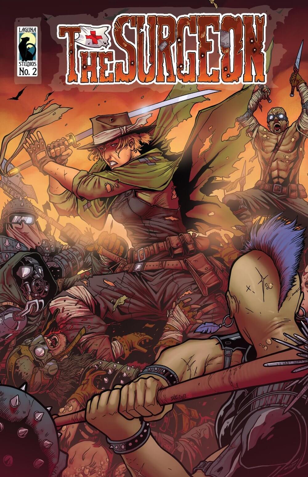 The Surgeon Chapter 2 comic cover showcasing Dr. Jenny Hanover battling in a chaotic, post-apocalyptic scene.