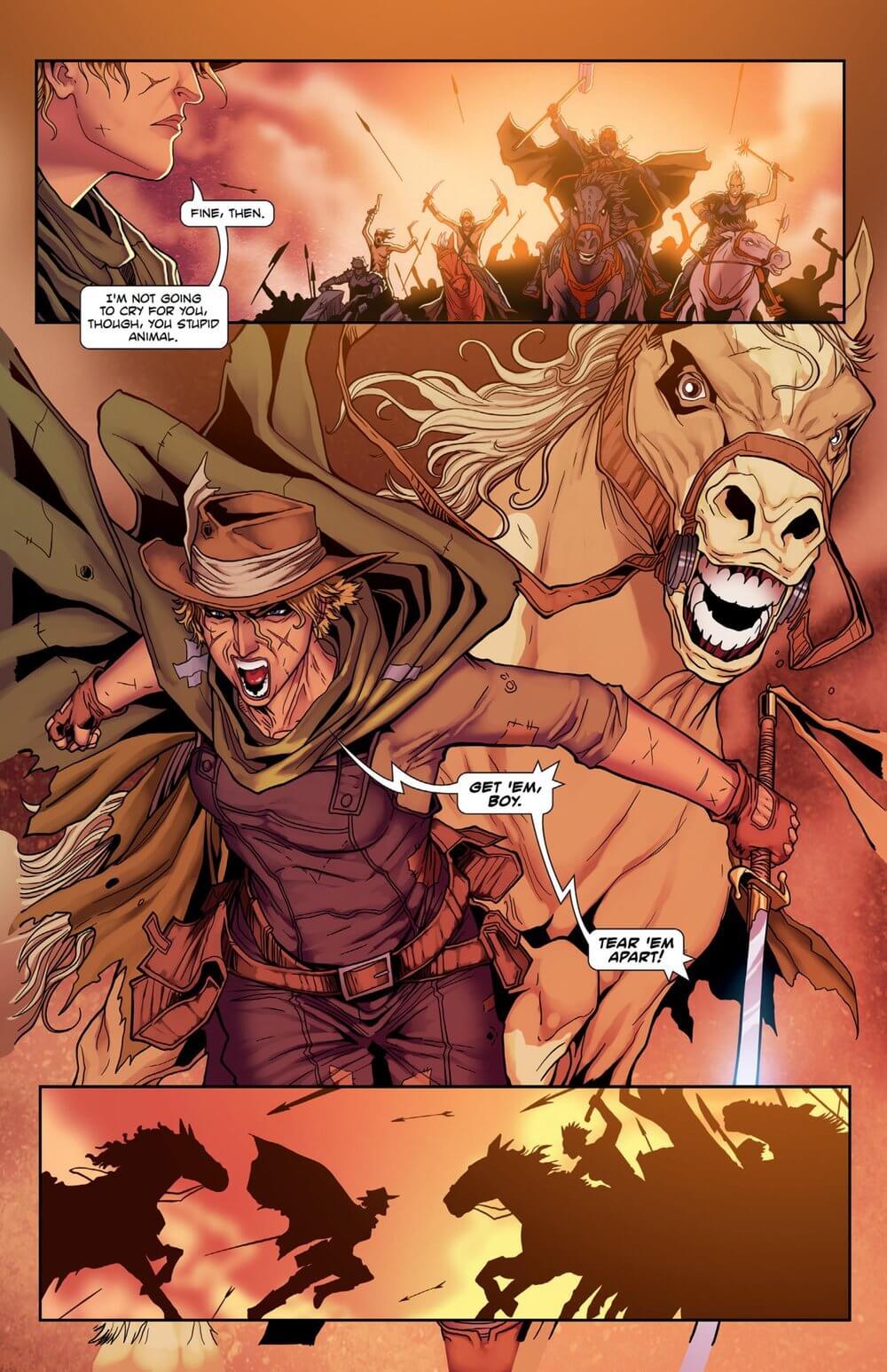 Dr. Jenny Hanover leads a cavalry charge with sword drawn, fierce and ready for battle in a dramatic western scene.