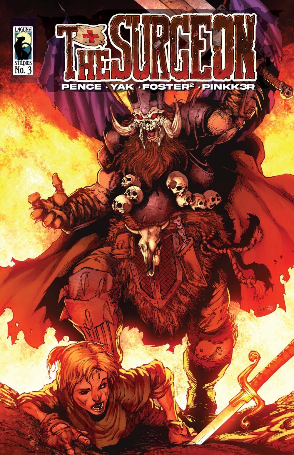 Cover of The Surgeon Chapter 3 comic featuring a fierce warrior with skulls, set in a fiery backdrop.