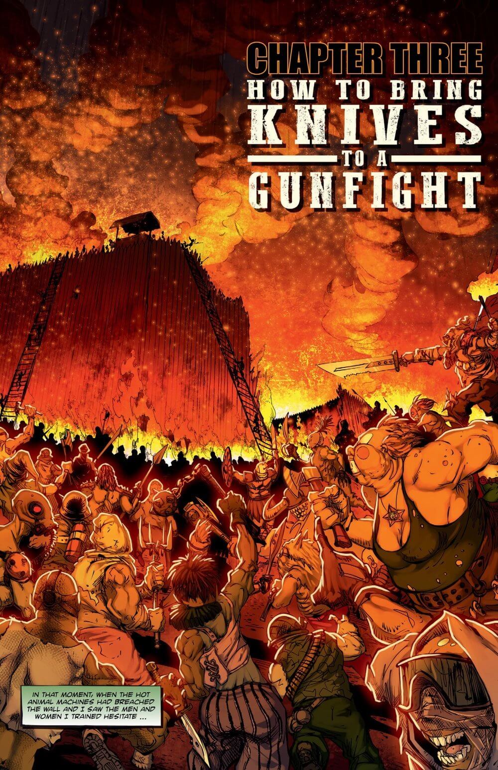 Cover of The Surgeon Chapter 3 comic featuring a fierce warrior with skulls, set in a fiery backdrop.