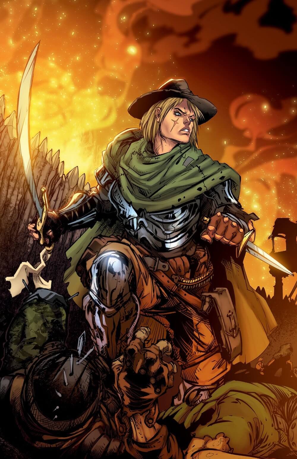 Heroic character with swords amidst chaos, embodying resilience in a post-apocalyptic landscape.