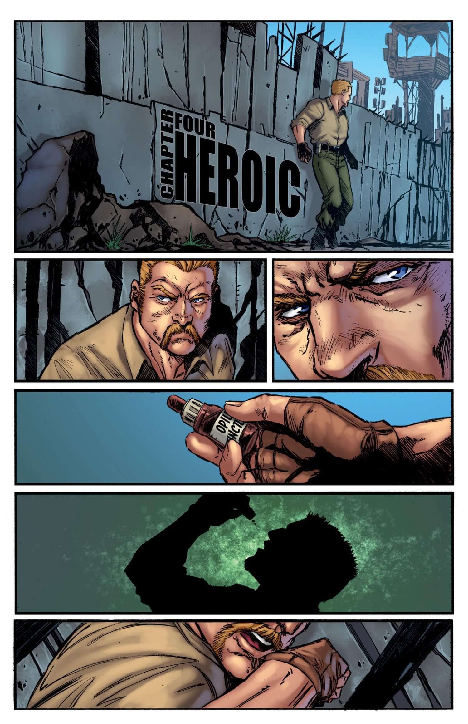 Comic panel featuring Chapter Four titled 'Heroic', showcasing intense moments from Doctor Hanover's adventure.
