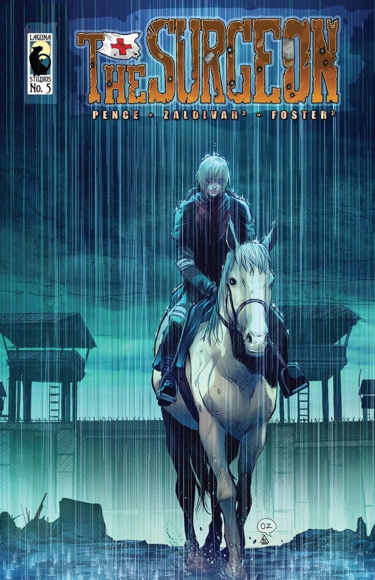 Cover of The Surgeon Chapter 5 featuring a character on horseback in the rain, dramatic setting and bold title.