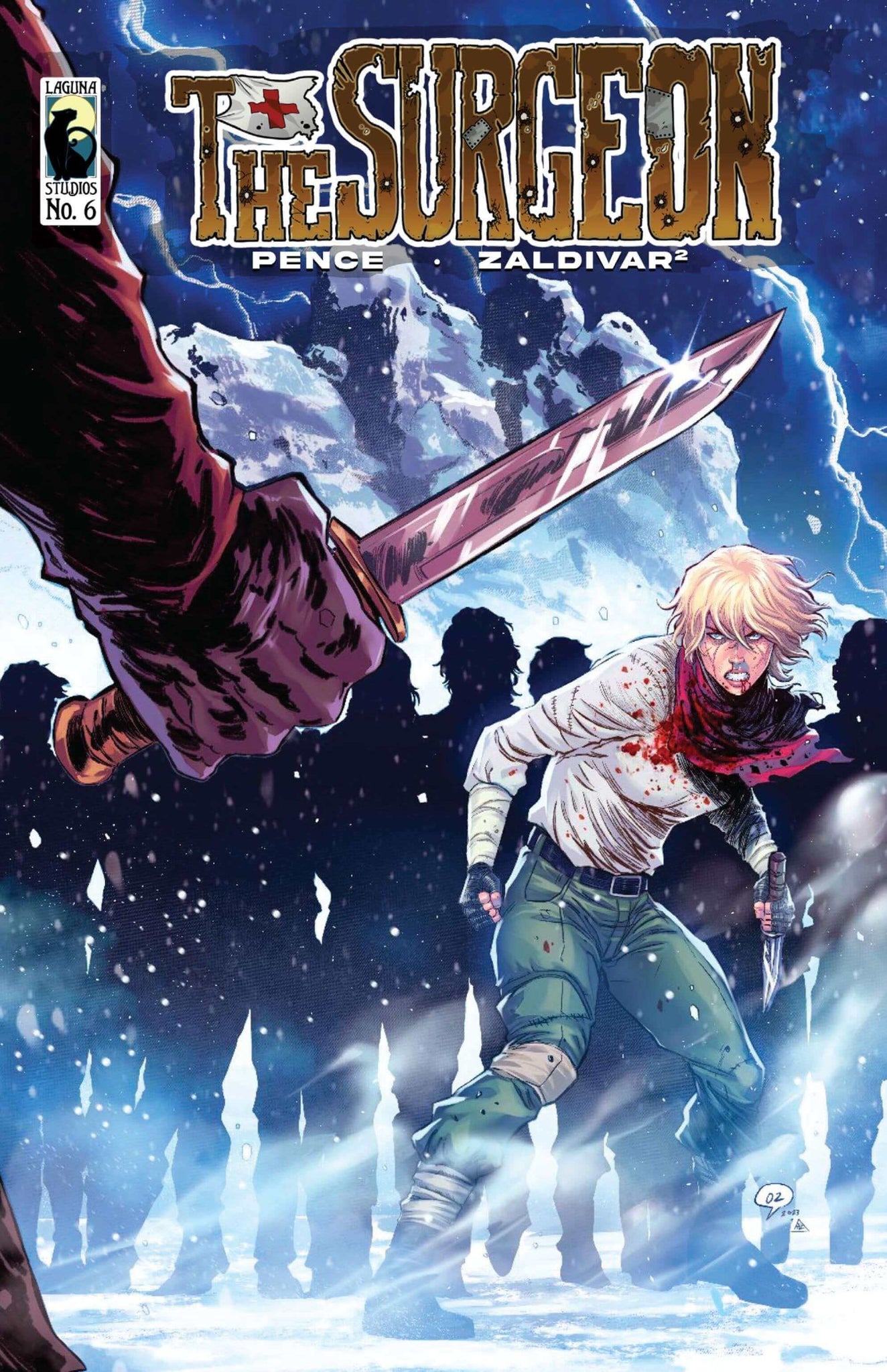 The Surgeon Chapter 6 cover featuring Doc Hanover ready for confrontation with a bloodied shirt and a sword-wielding foe.