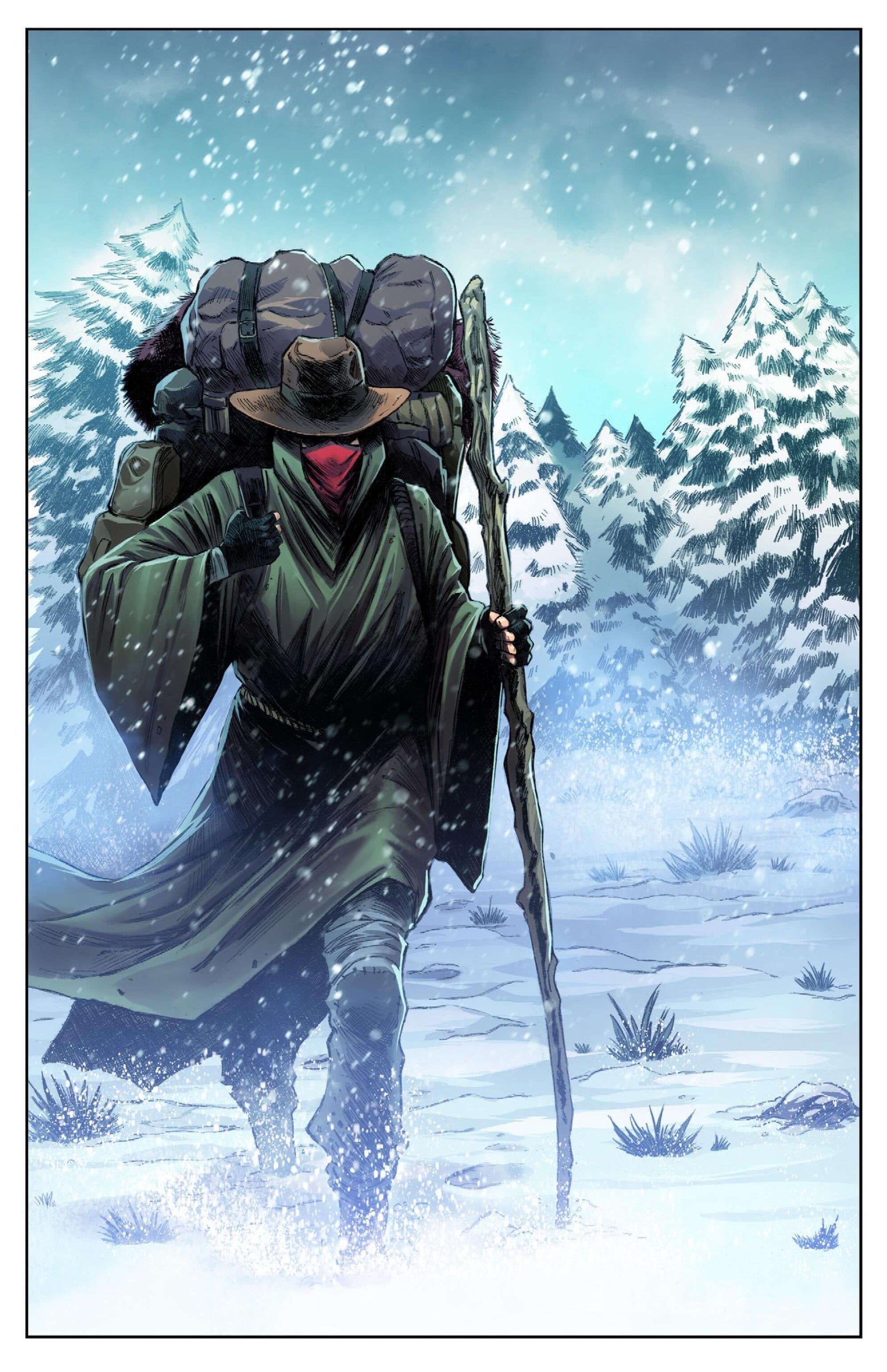 A weary traveler in a long coat, trekking through snowy mountains with a heavy backpack and staff.