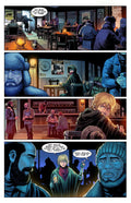 Interior comic scene with characters in a bar discussing a tense situation, showcasing drama and emotion.