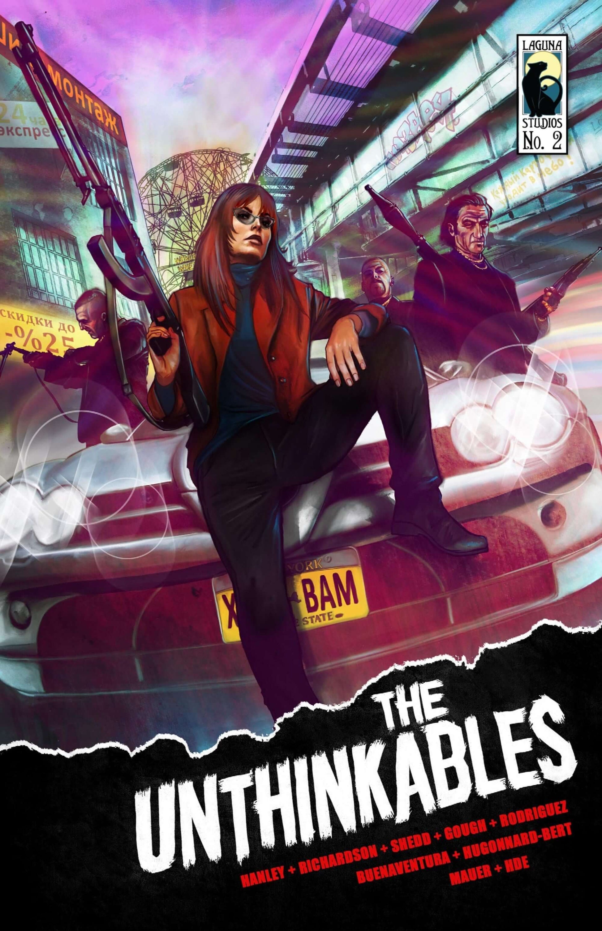 Cover of The Unthinkables Issue 2 featuring a fierce character on a car in a gritty urban setting.