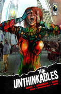 Cover of The Unthinkables Issue 3 featuring a distressed character in a vibrant city scene.