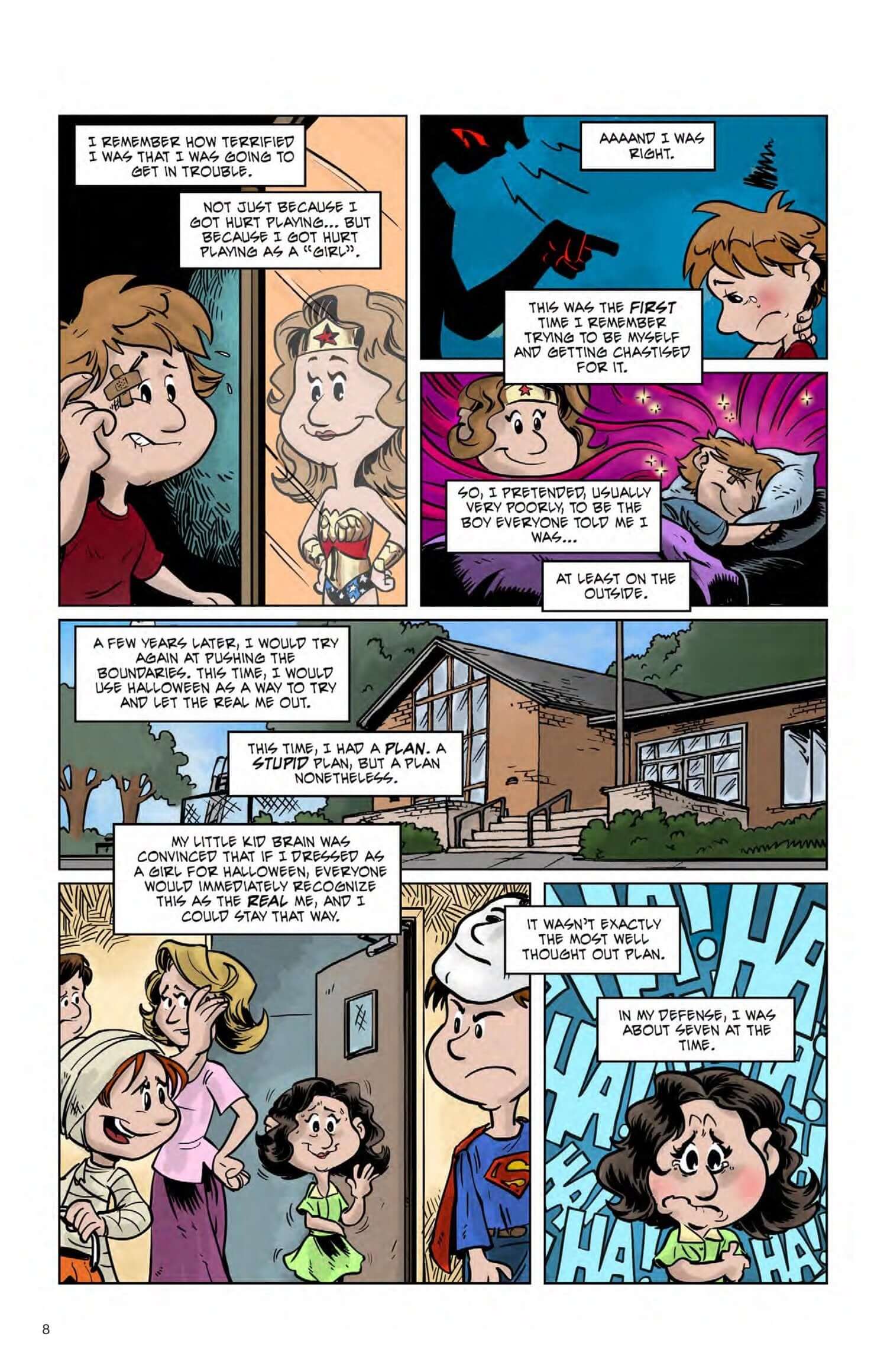 Colorful comic panel from Finding Dee Volume 1 showcasing semi-autobiographical adventures and humor.