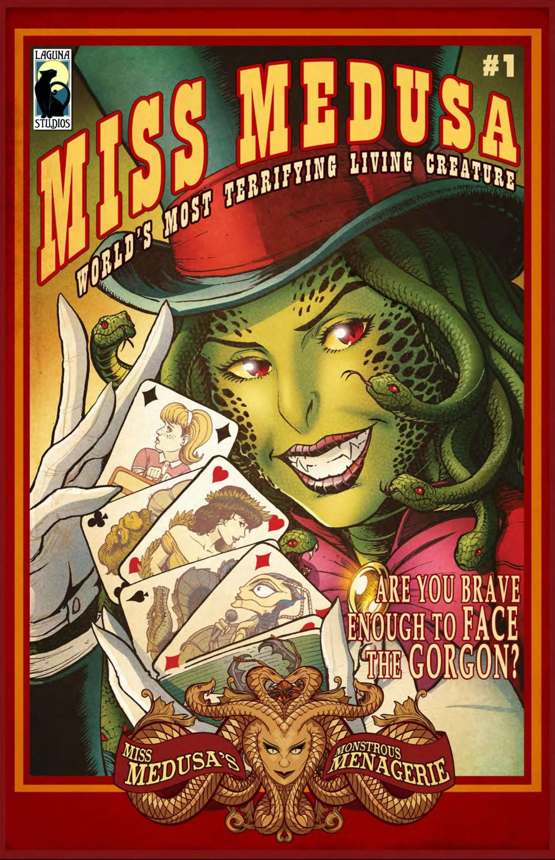 Cover of Miss Medusa's Monstrous Menagerie #1 featuring a green Medusa holding playing cards.