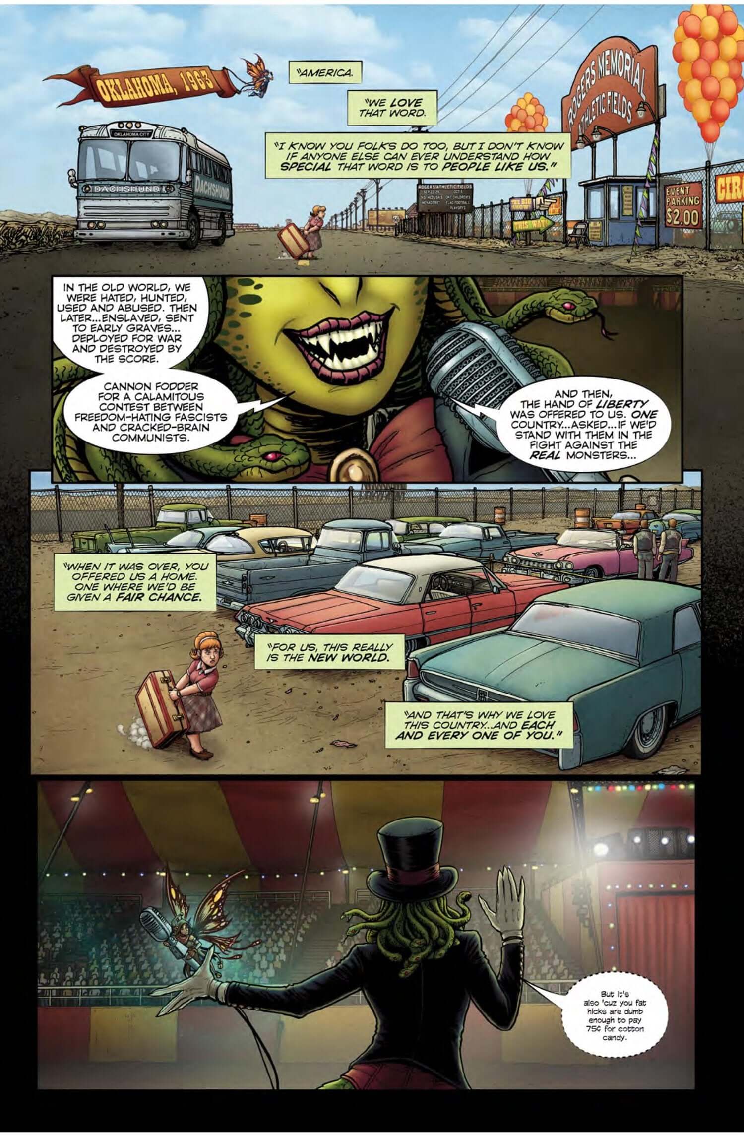 Page from Miss Medusa's Monstrous Menagerie #1, showing carnival, monsters, and a captivating stage.