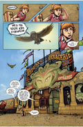 Comic page featuring Miss Medusa's Monstrous Menagerie carnival, with a giant Medusa sign and surprised characters.