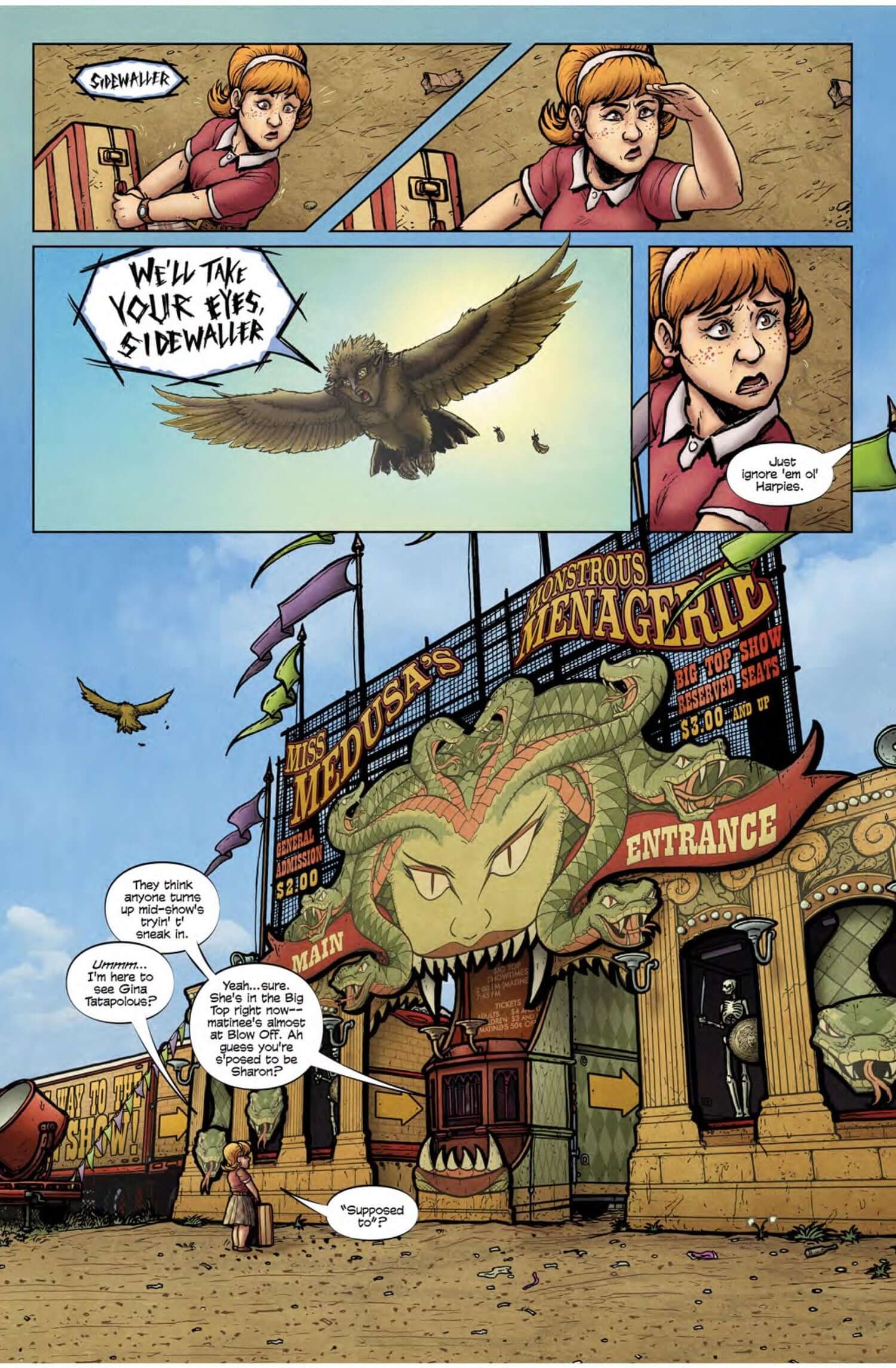 Comic page featuring Miss Medusa's Monstrous Menagerie carnival, with a giant Medusa sign and surprised characters.