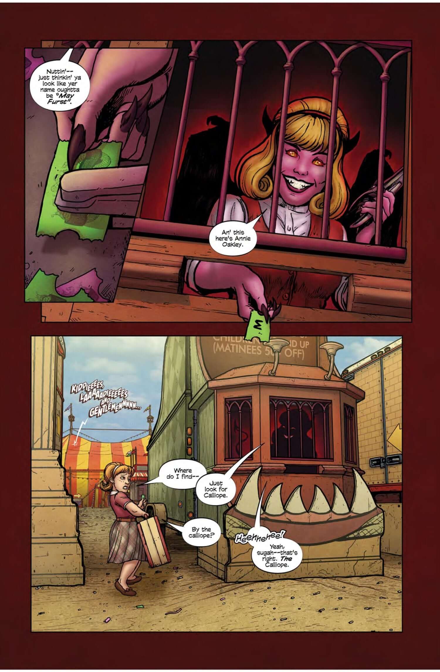 A colorful comic panel from 'Miss Medusa's Monstrous Menagerie #1', featuring a playful demon and a child at a carnival.