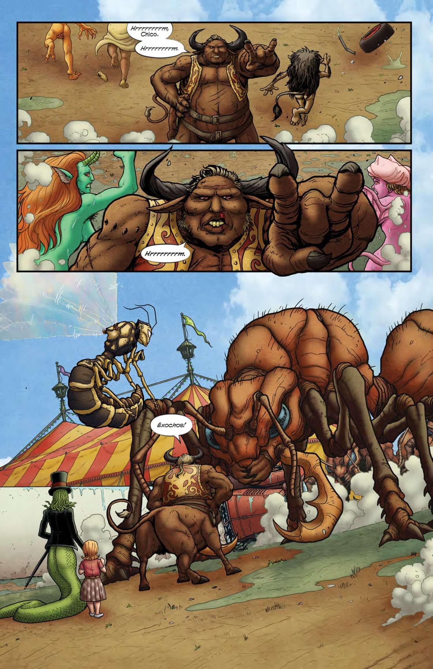 A whimsical circus scene from Miss Medusa's Monstrous Menagerie featuring giant ants and colorful characters.