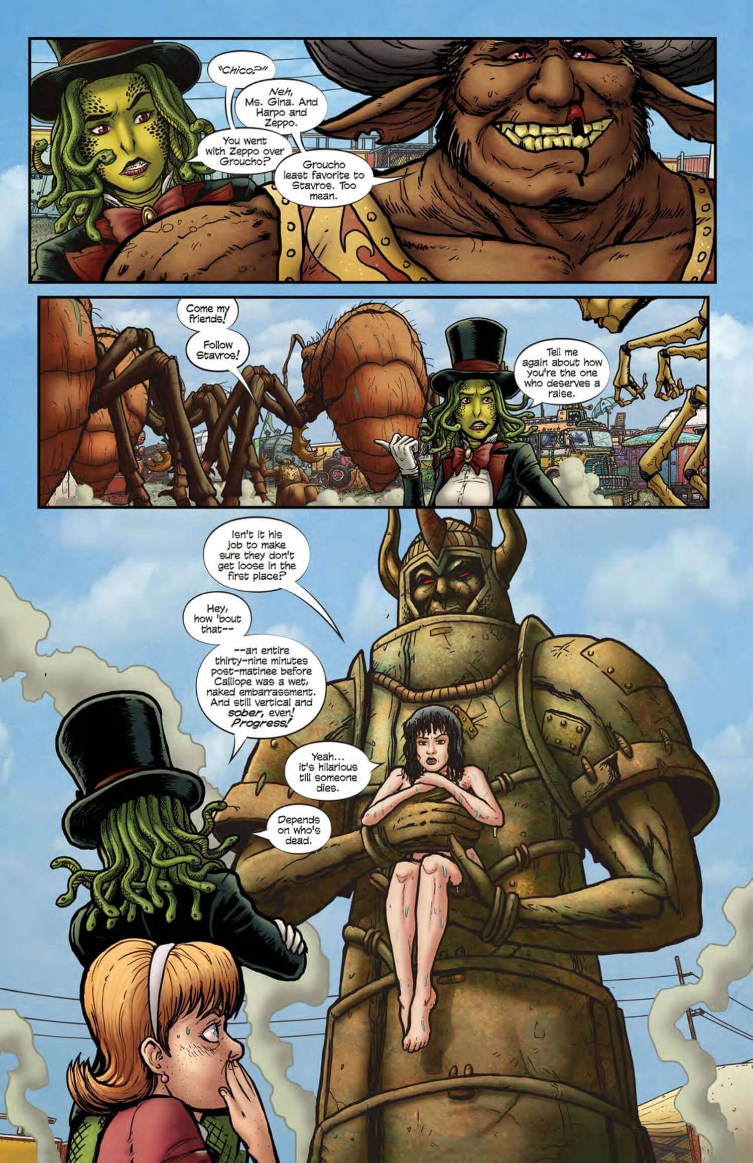 Comic panel from Miss Medusa's Monstrous Menagerie #2 featuring Medusa, a giant, and characters in a whimsical showdown.