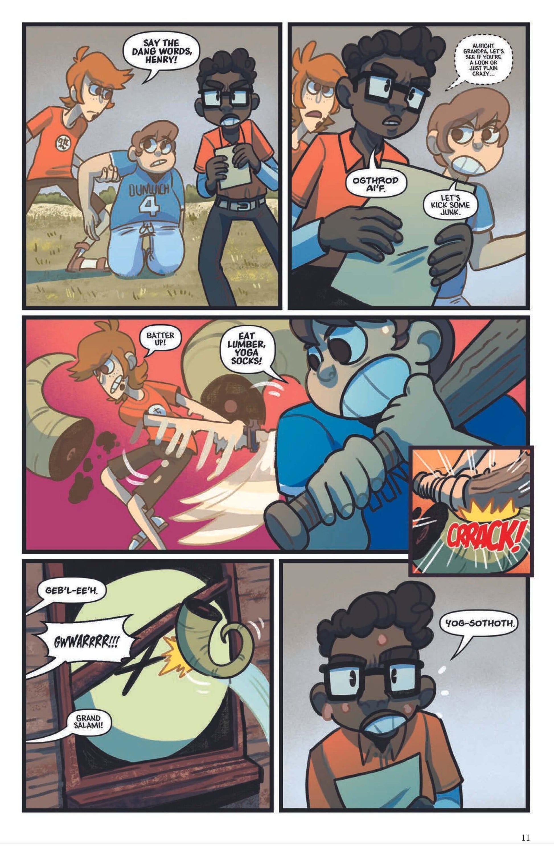 Comic page from 'Cthulhu is Hard to Spell' featuring characters in hilarious Lovecraftian adventures.